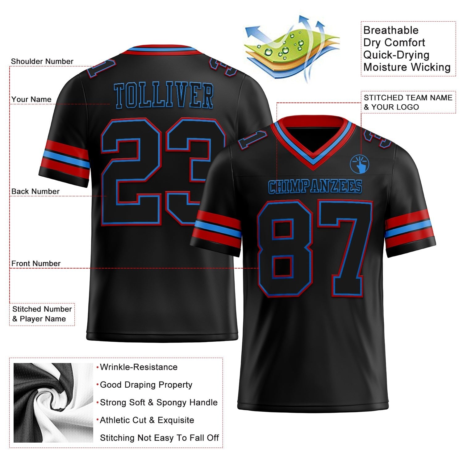 Custom Black Powder Blue-Red Authentic Football Jersey photo 2