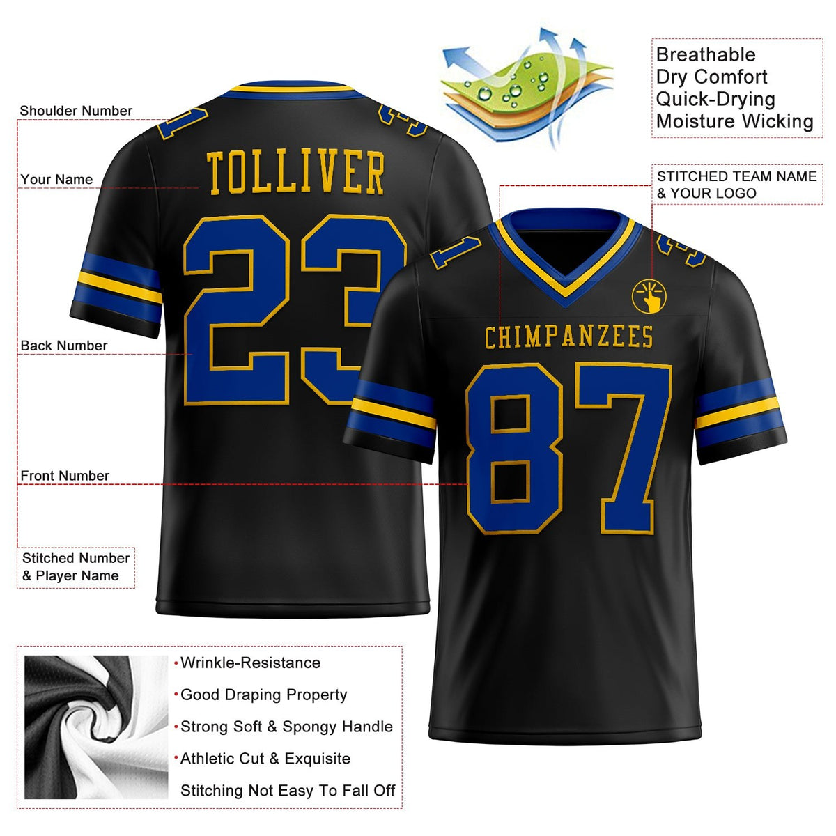 Custom Black Royal-Yellow Authentic Football Jersey photo 2