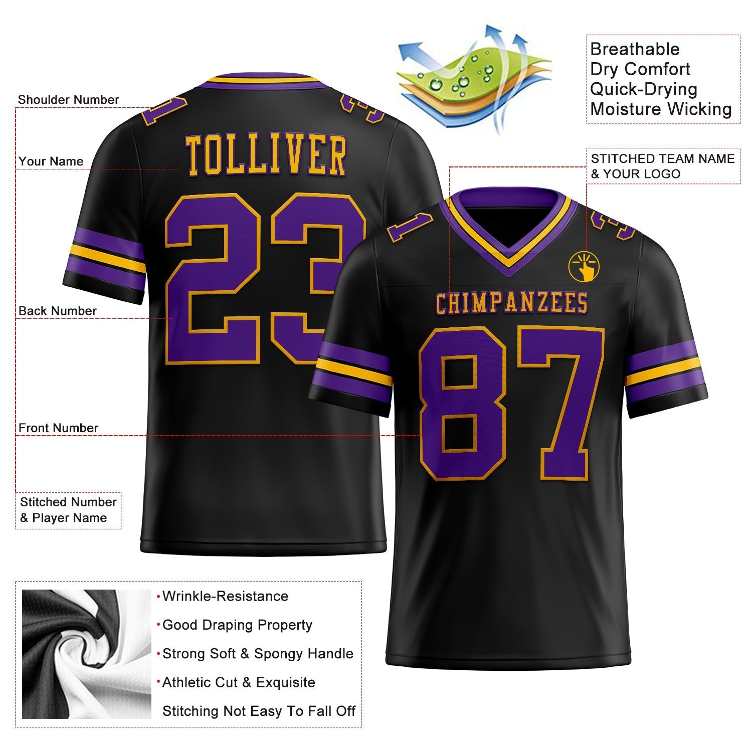 Custom Black Purple-Gold Authentic Football Jersey photo 2