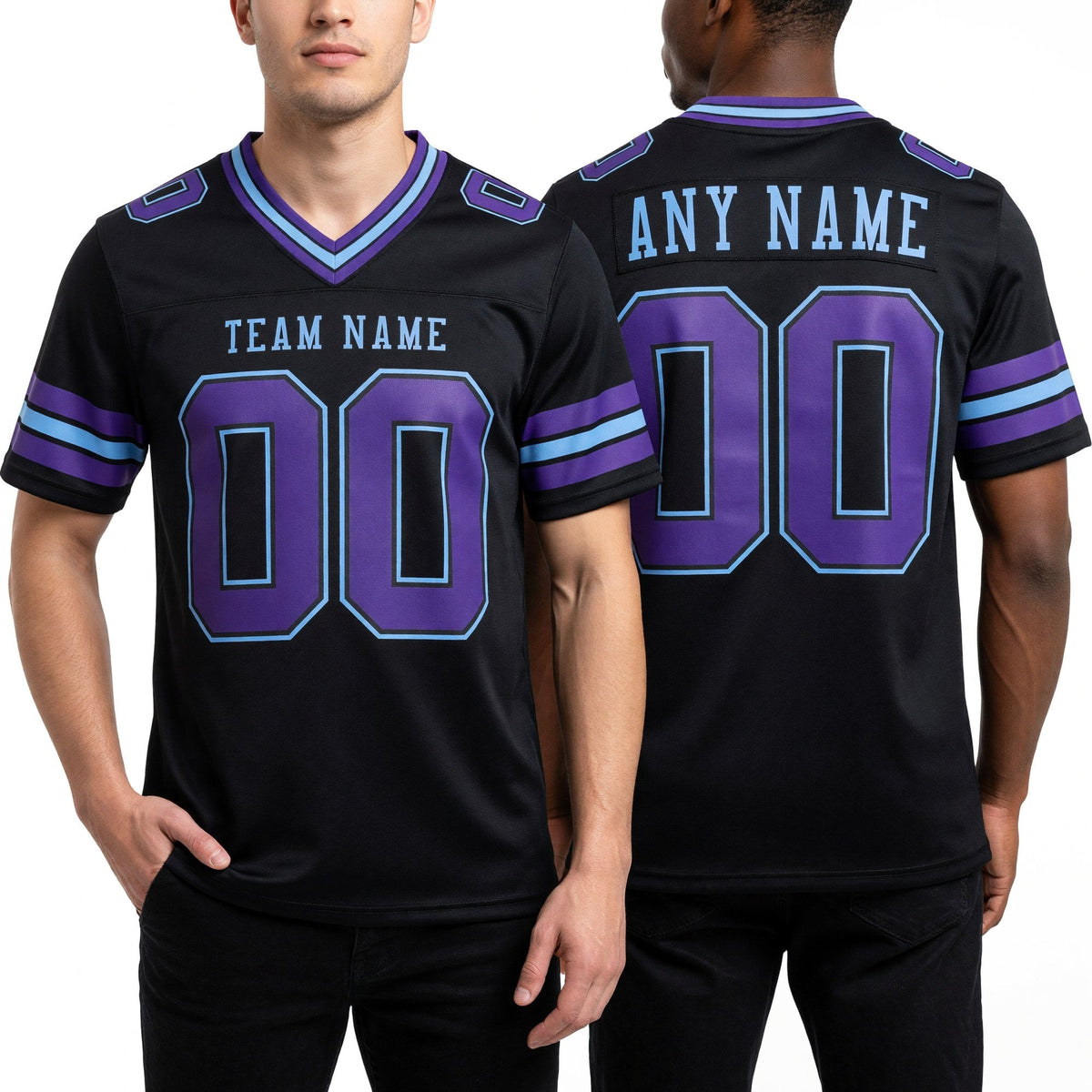 Custom Black Purple-Light Blue Authentic Football Jersey worn front and back