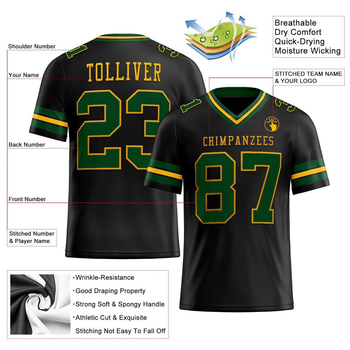 Custom Black Green-Gold Authentic Football Jersey photo 2