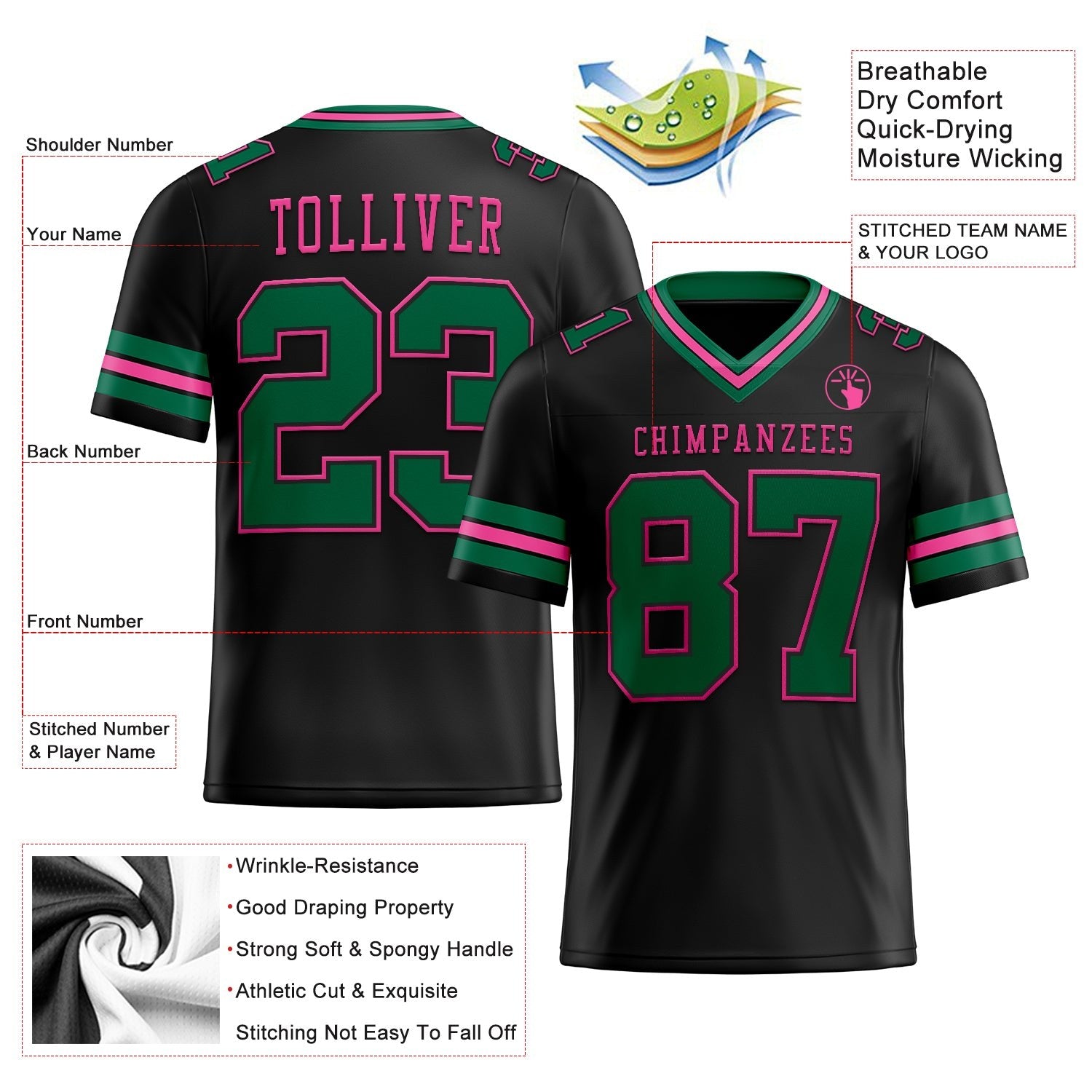 Custom Black Kelly Green-Pink Authentic Football Jersey photo 2