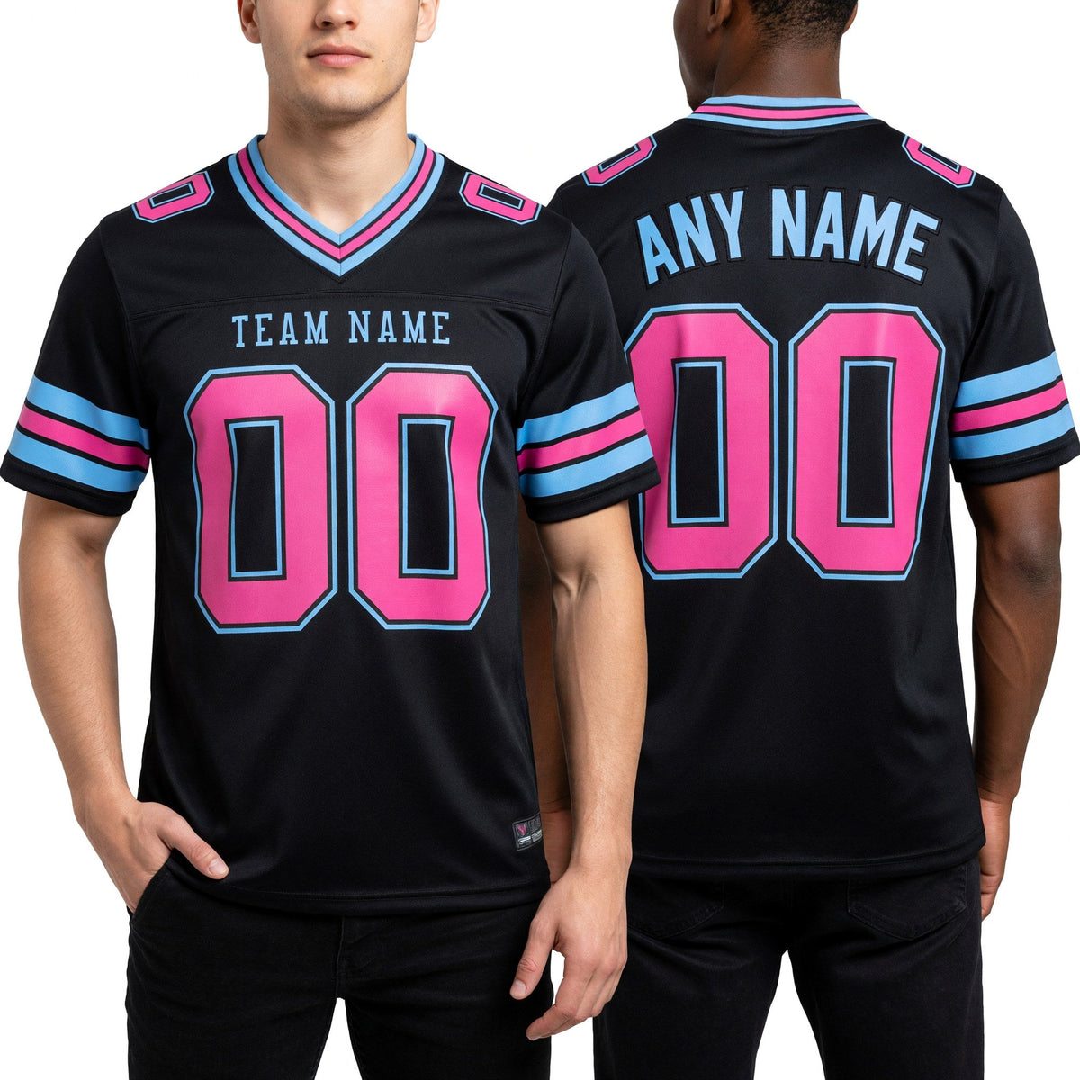 Custom Black Pink-Light Blue Authentic Football Jersey worn front and back