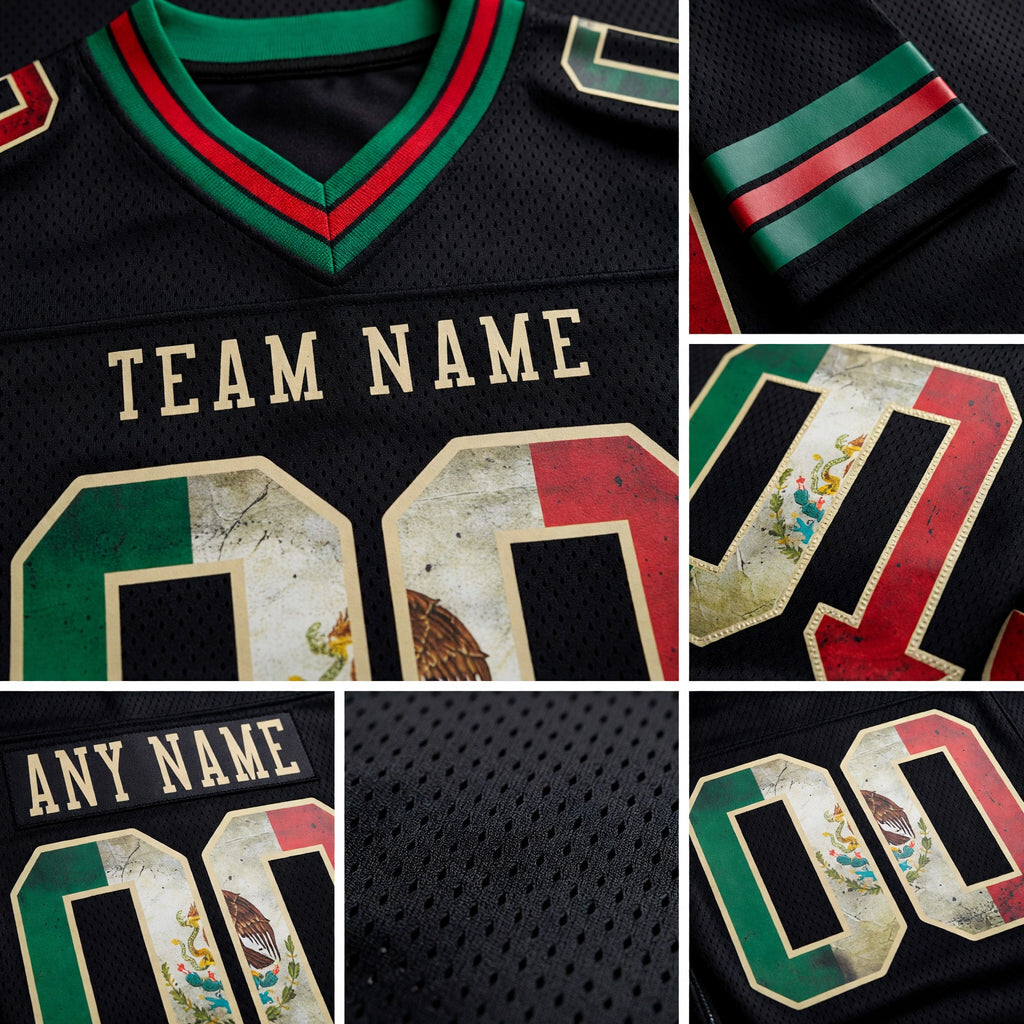 Custom Black Vintage Mexican Flag Kelly Green Red-City Cream Authentic Football Jersey detail