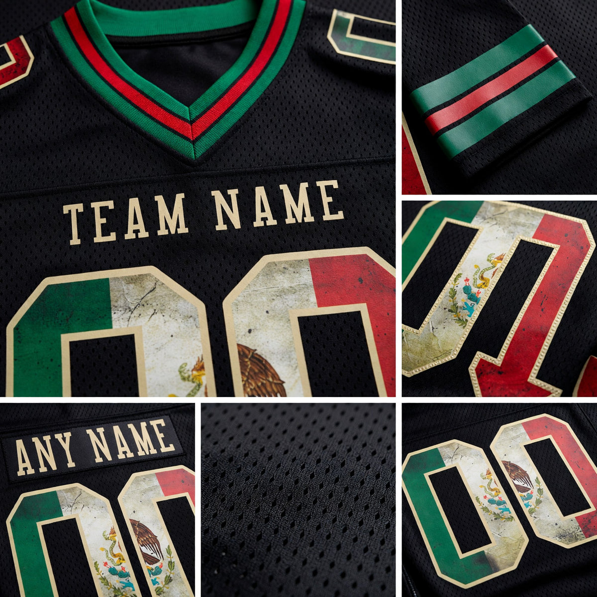 Custom Black Vintage Mexican Flag Kelly Green Red-City Cream Authentic Football Jersey detail