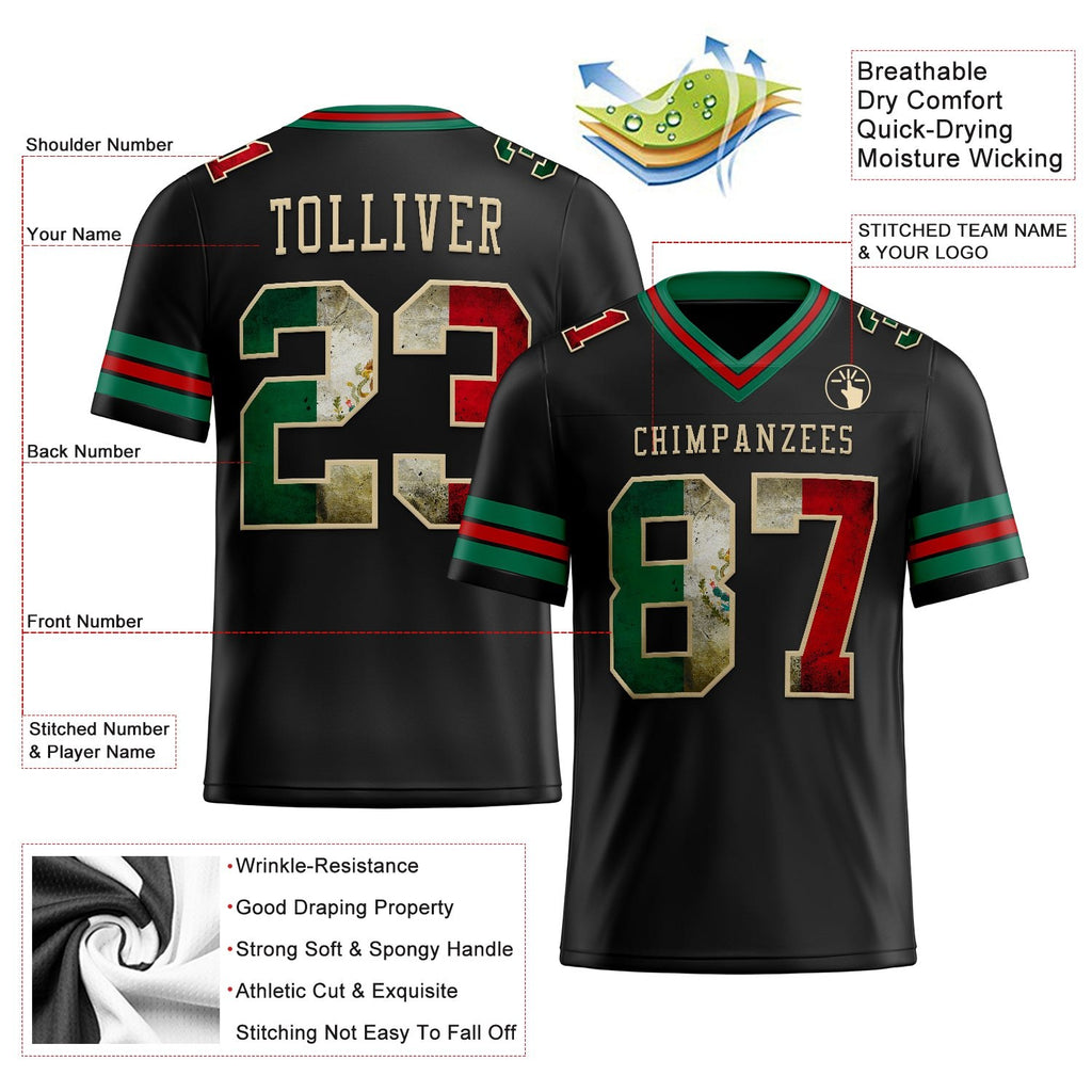Custom Black Vintage Mexican Flag Kelly Green Red-City Cream Authentic Football Jersey photo 2
