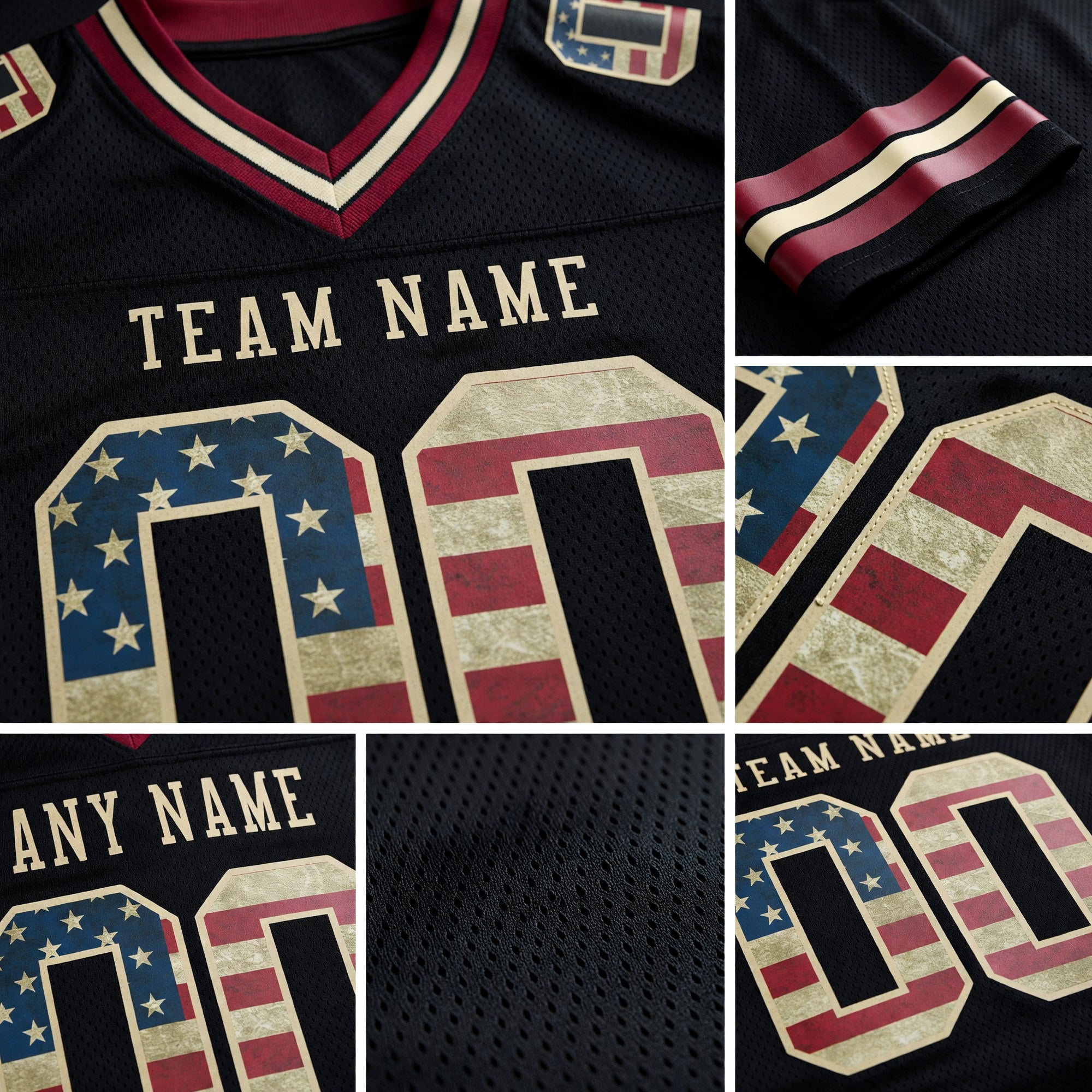 Custom Black Vintage USA Flag Crimson-City Cream Authentic Football Jersey detail