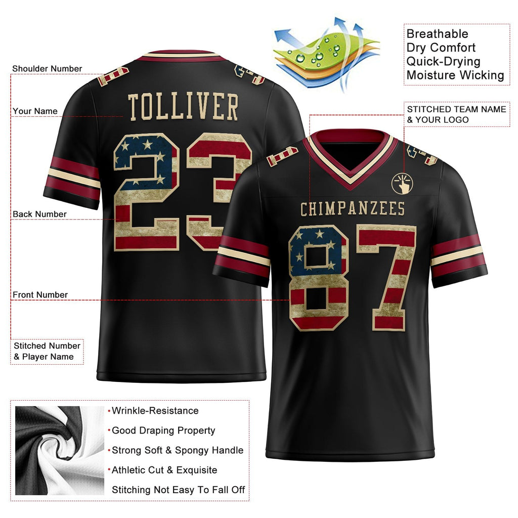 Custom Black Vintage USA Flag Crimson-City Cream Authentic Football Jersey photo 2
