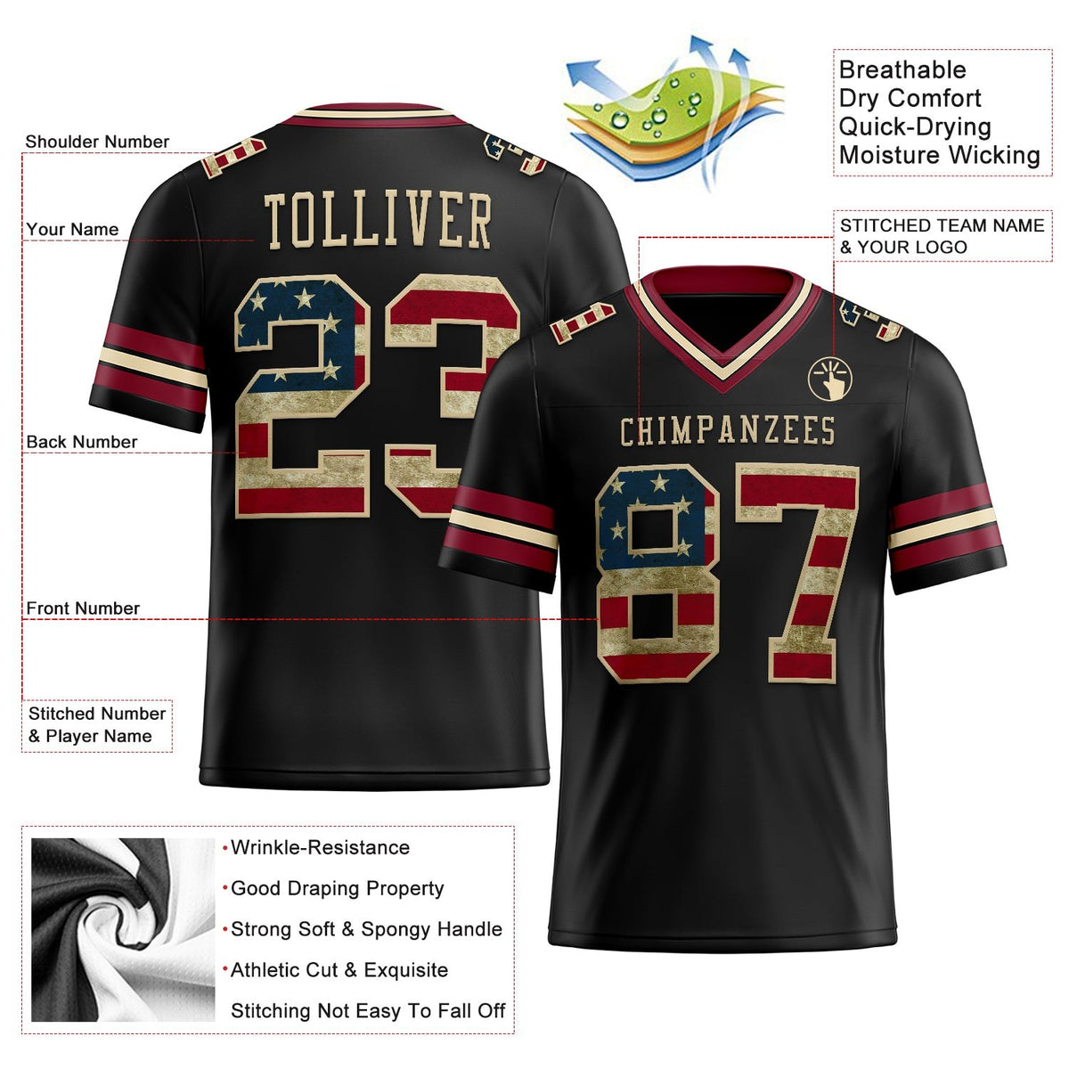 Custom Black Vintage USA Flag Crimson-City Cream Authentic Football Jersey photo 2