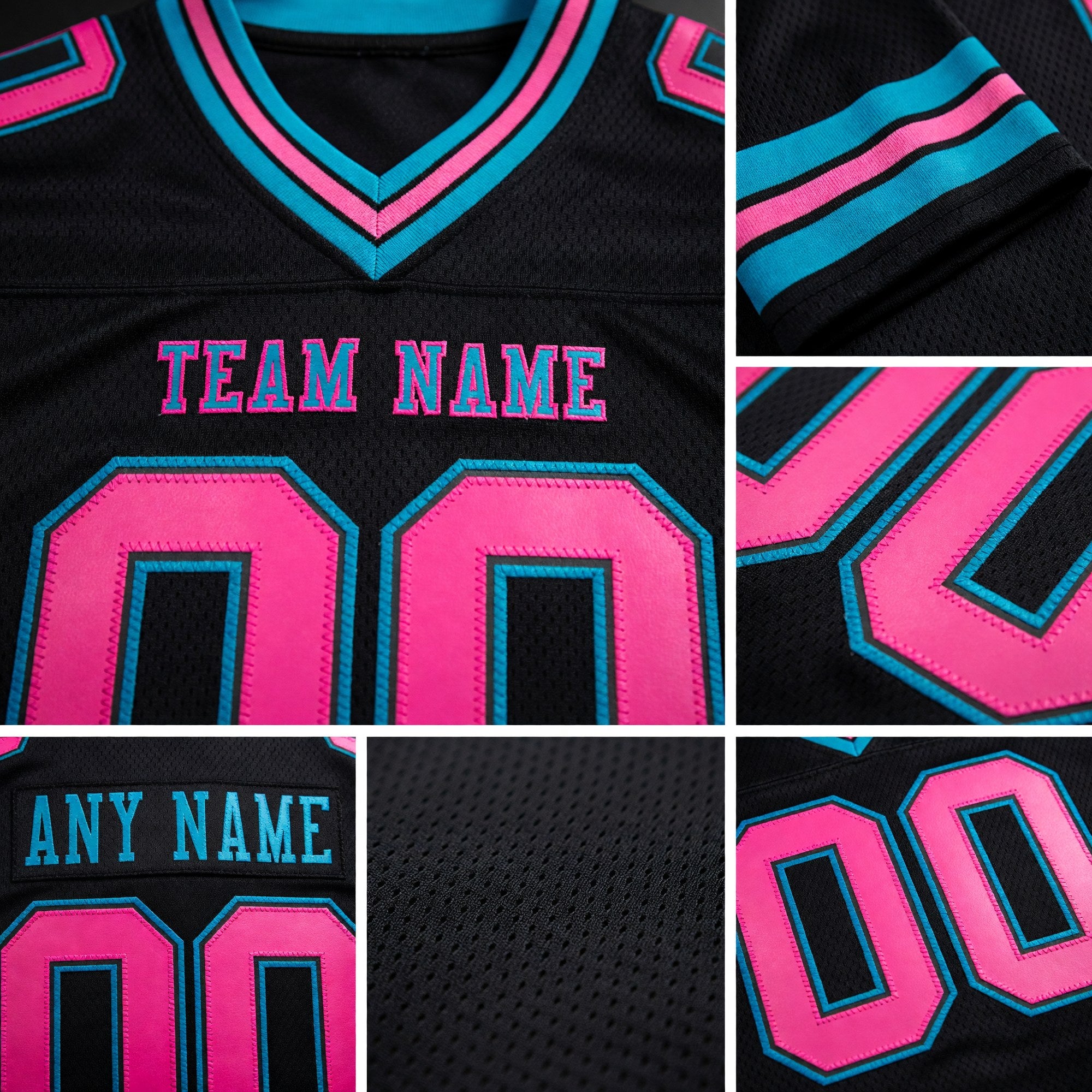 Custom Black Pink-Teal Authentic Football Jersey detail