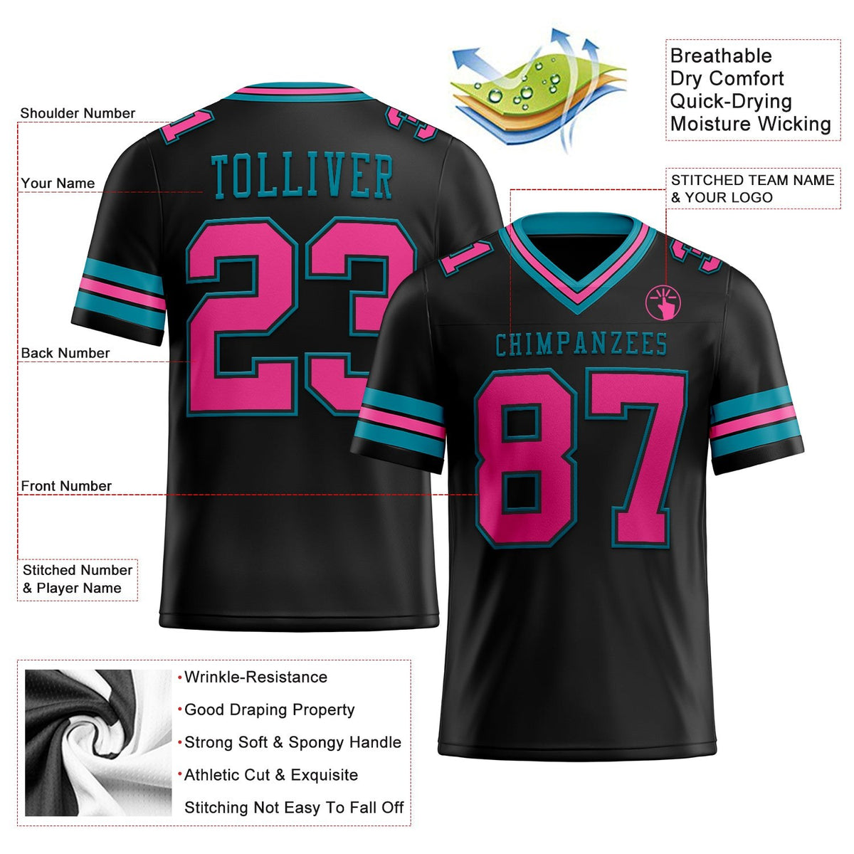 Custom Black Pink-Teal Authentic Football Jersey photo 2