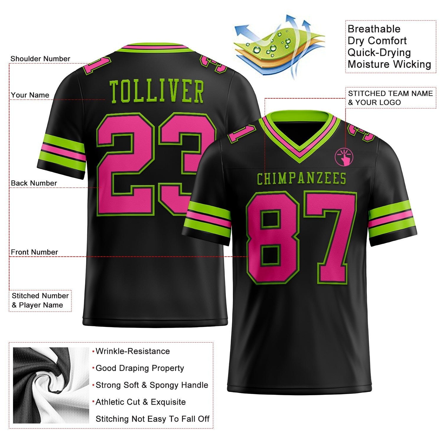 Custom Black Pink-Neon Green Authentic Football Jersey photo 2