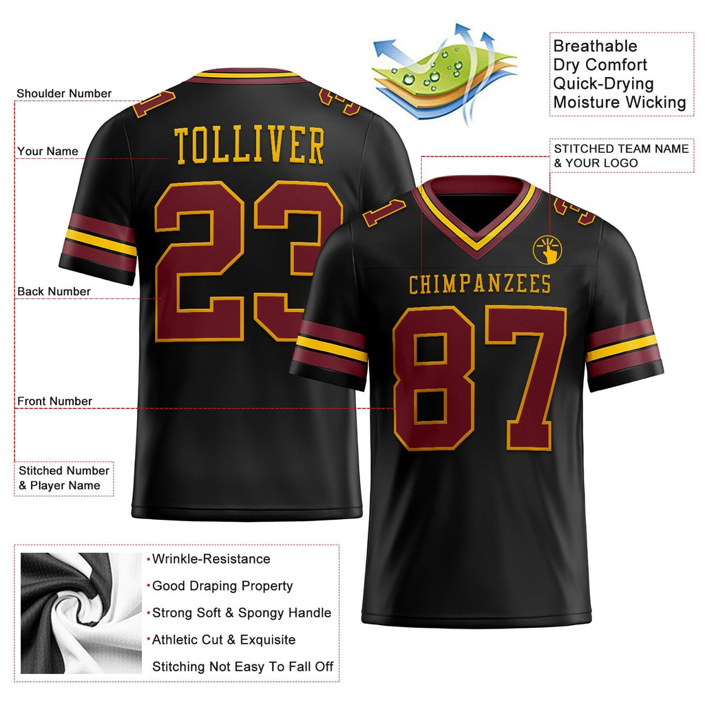Custom Black Burgundy-Gold Authentic Football Jersey photo 2