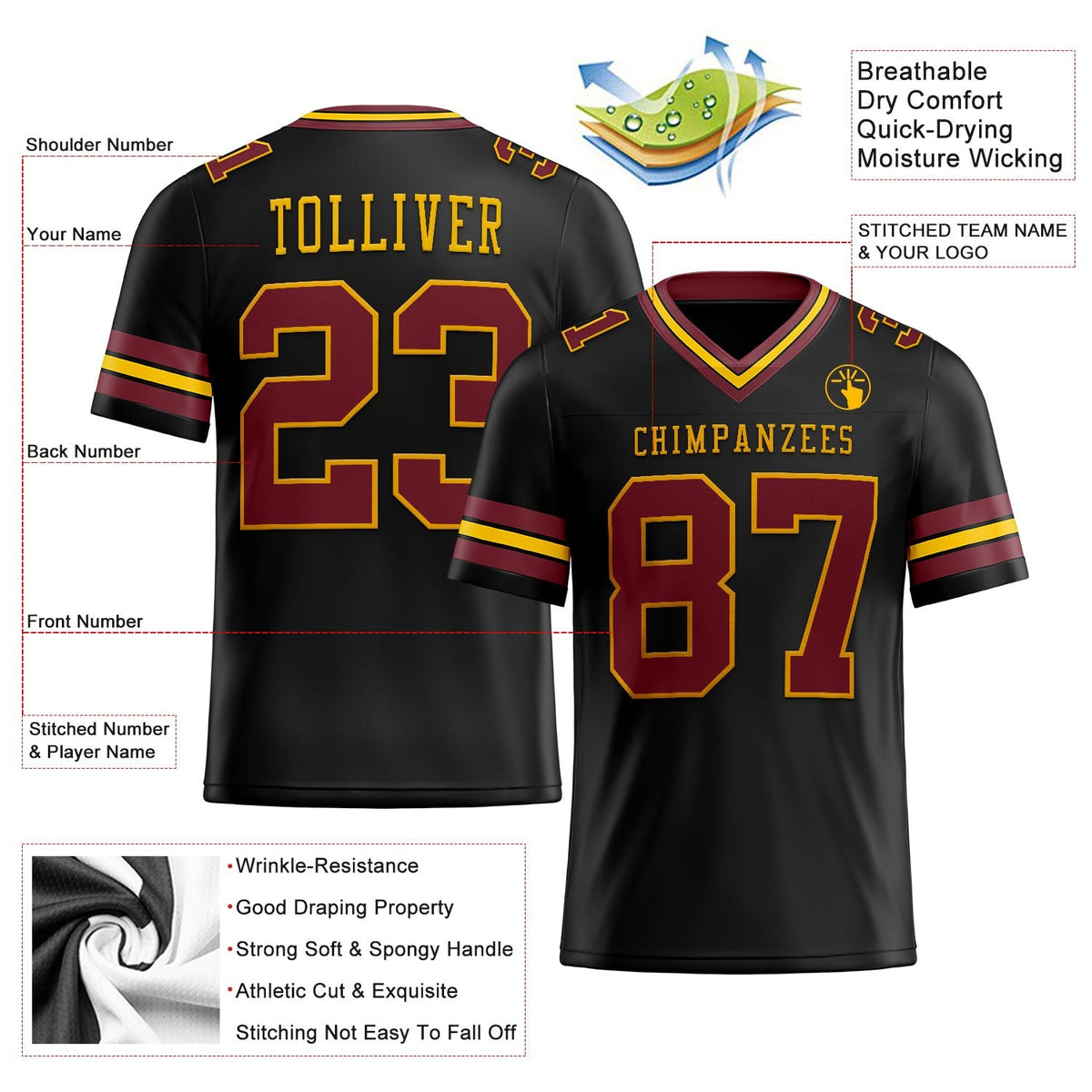 Custom Black Burgundy-Gold Authentic Football Jersey photo 2