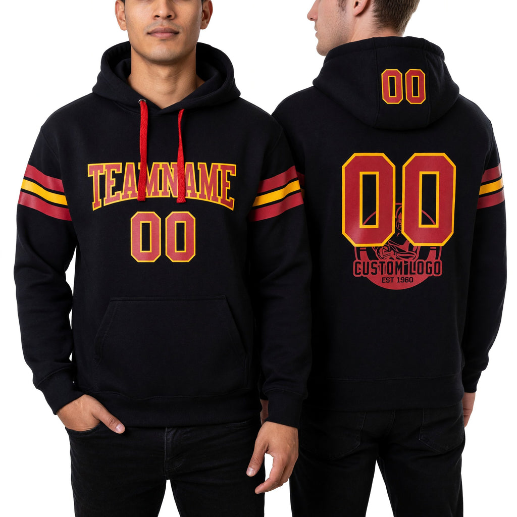 Custom Stitched Black Red-Gold Football Pullover Sweatshirt Hoodie worn front and back