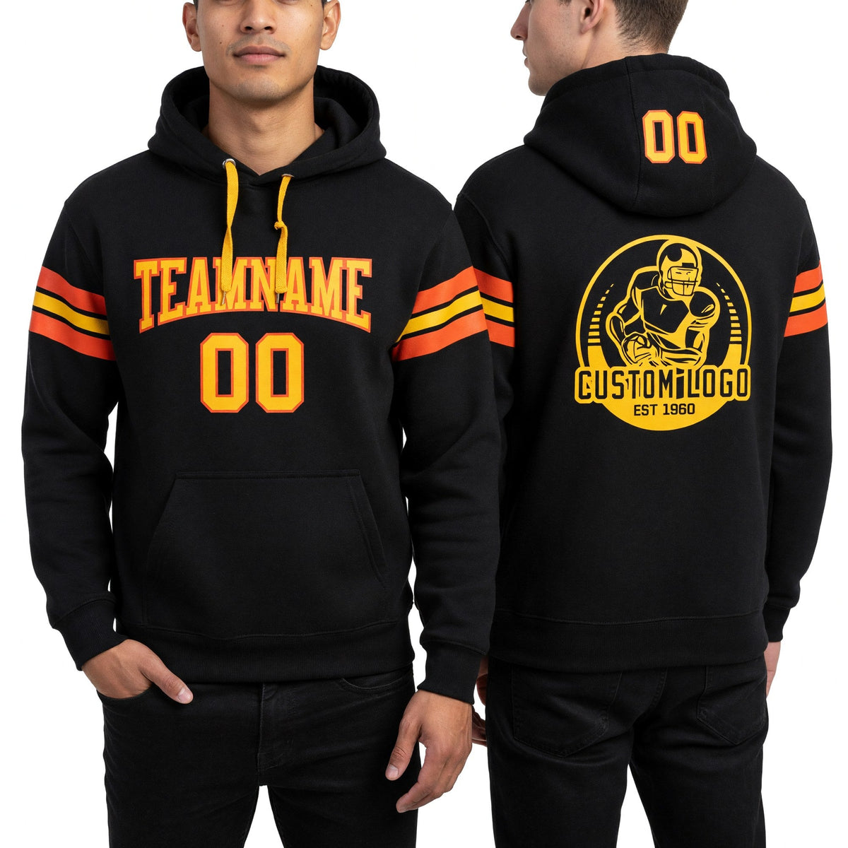 Custom Stitched Black Yellow-Orange Football Pullover Sweatshirt Hoodie worn front and back