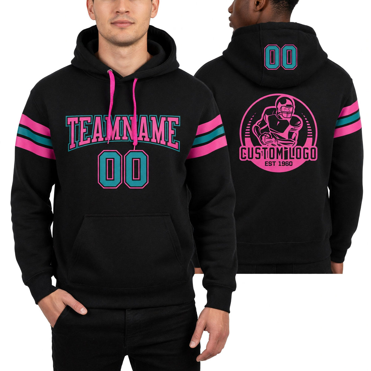 Custom Stitched Black Teal-Pink Football Pullover Sweatshirt Hoodie worn front and back