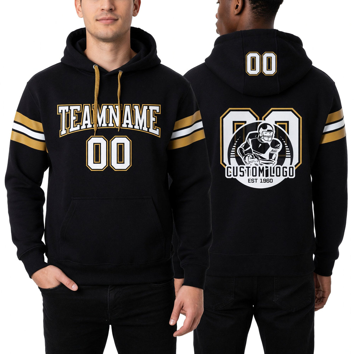 Custom Stitched Black White-Old Gold Football Pullover Sweatshirt Hoodie worn front and back