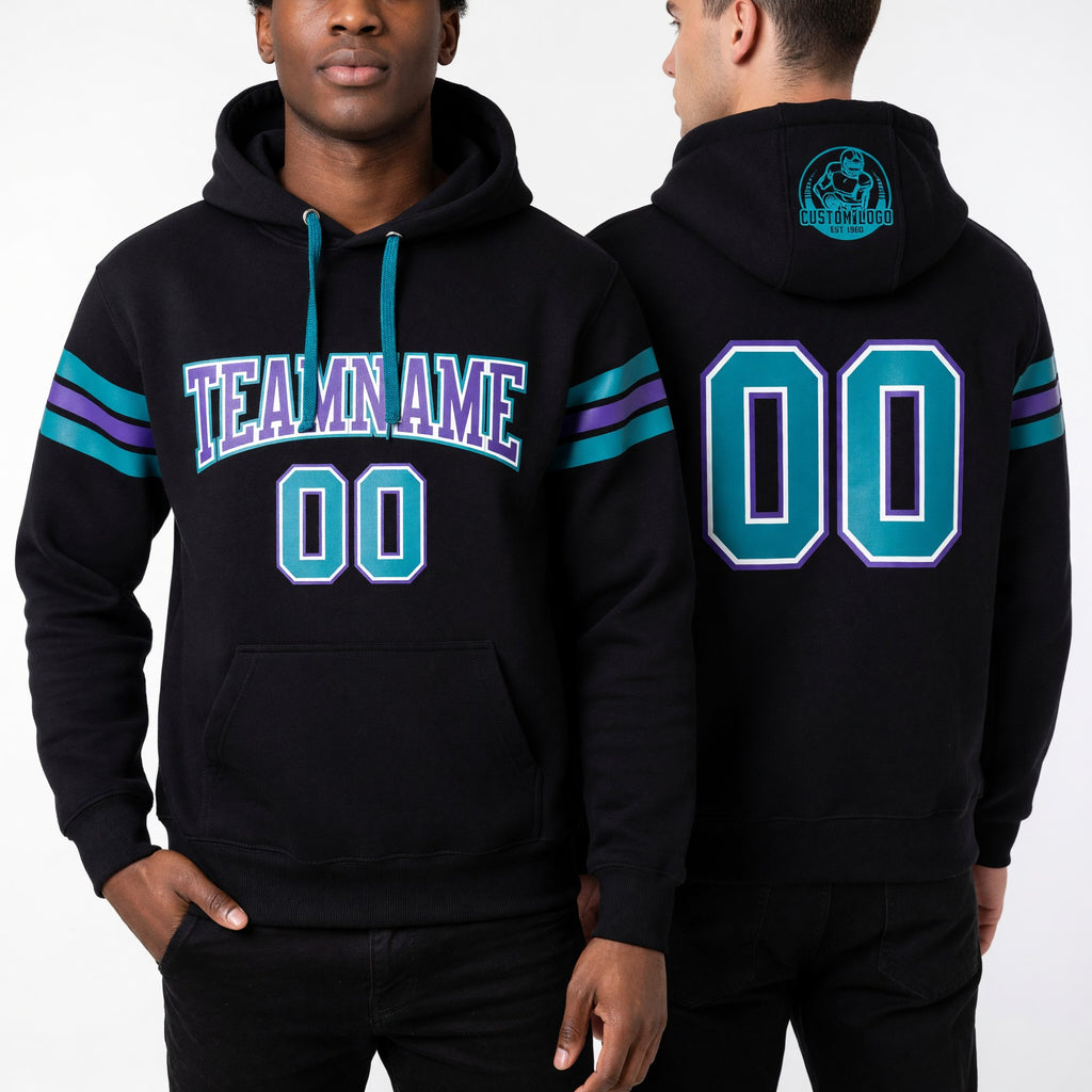 Custom Stitched Black Teal-Purple Football Pullover Sweatshirt Hoodie worn front and back
