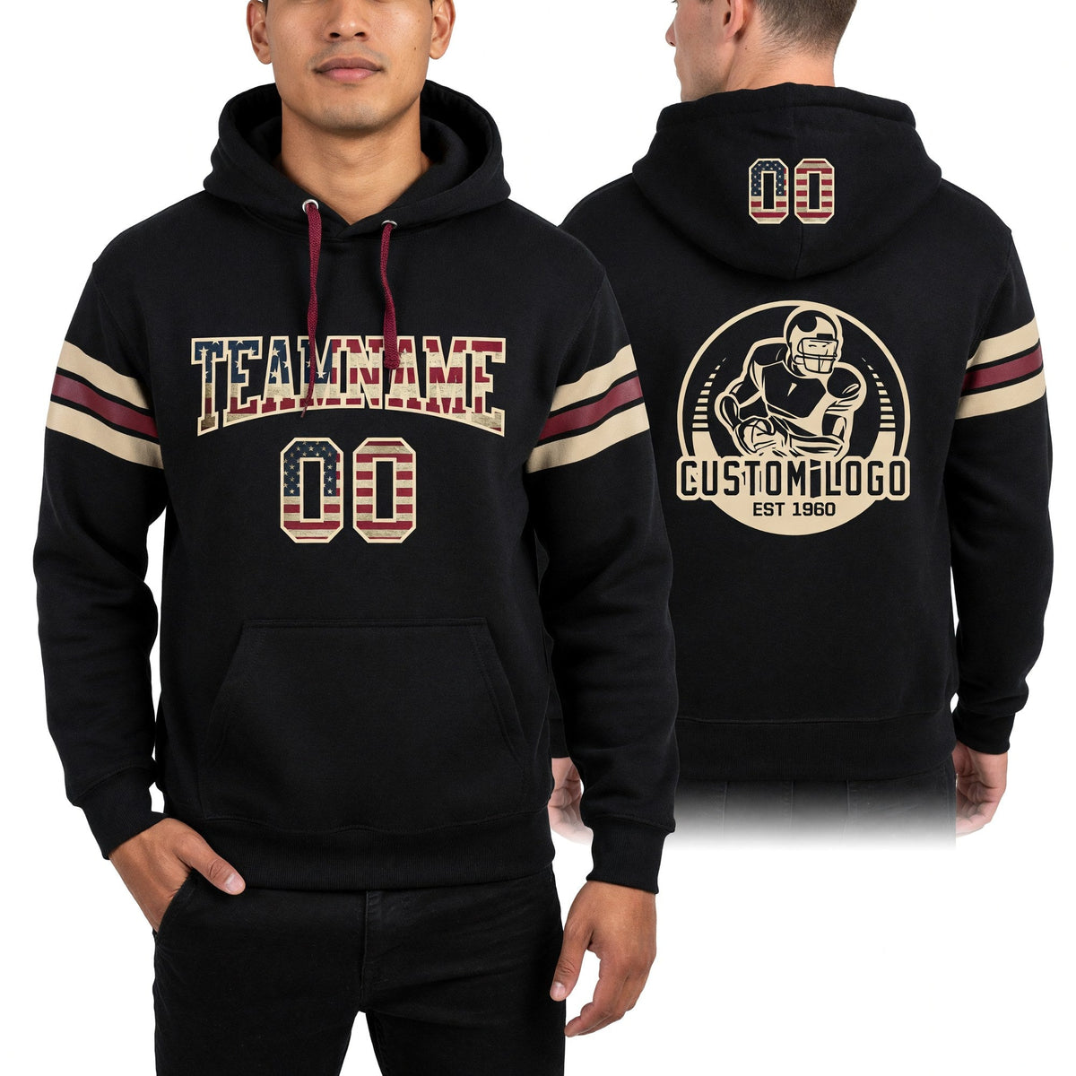 Custom Stitched Black Vintage USA Flag City Cream-Crimson Football Pullover Sweatshirt Hoodie worn front and back