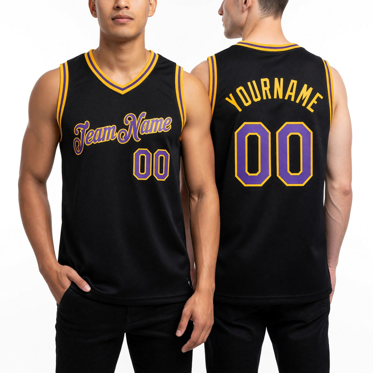Custom Black Purple-Gold Authentic Throwback Basketball Jersey worn front and back