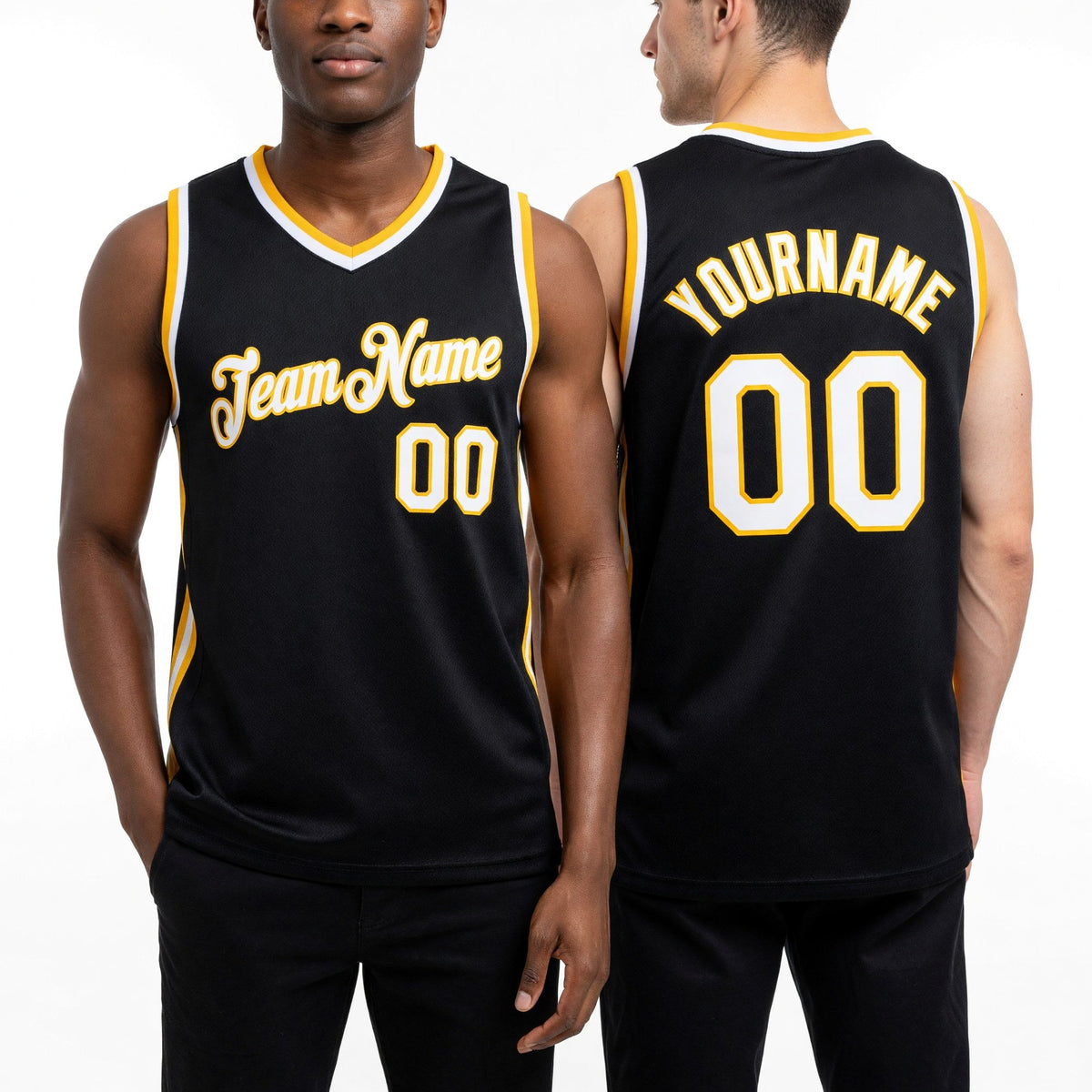 Custom Black White-Gold Authentic Throwback Basketball Jersey worn front and back