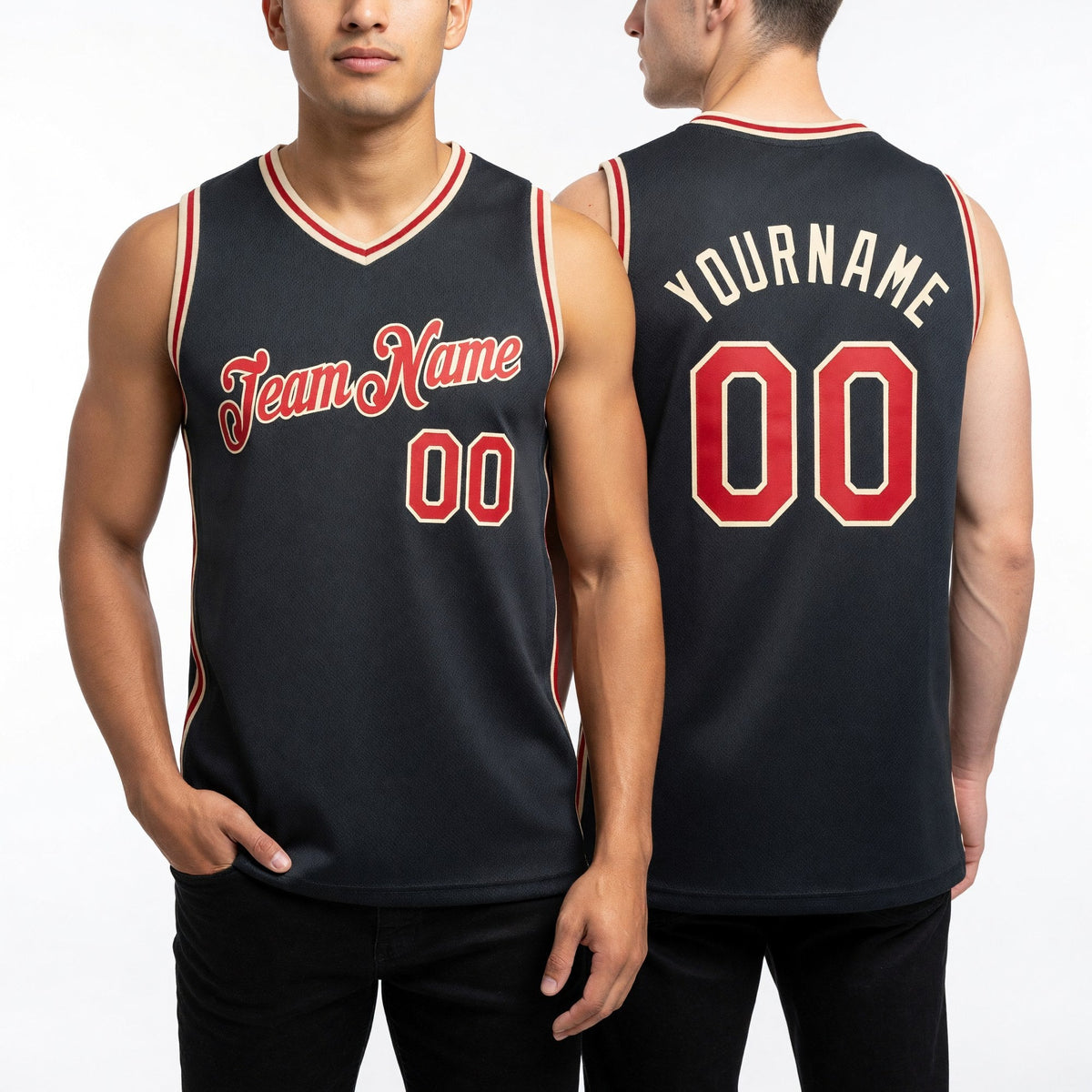 Custom Black Red-Cream Authentic Throwback Basketball Jersey worn front and back