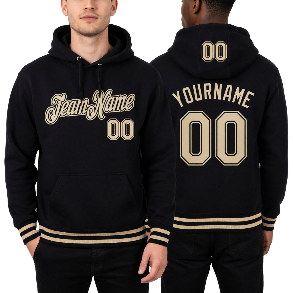 Custom Stitched Black Cream Sports Pullover Sweatshirt Hoodie worn front and back