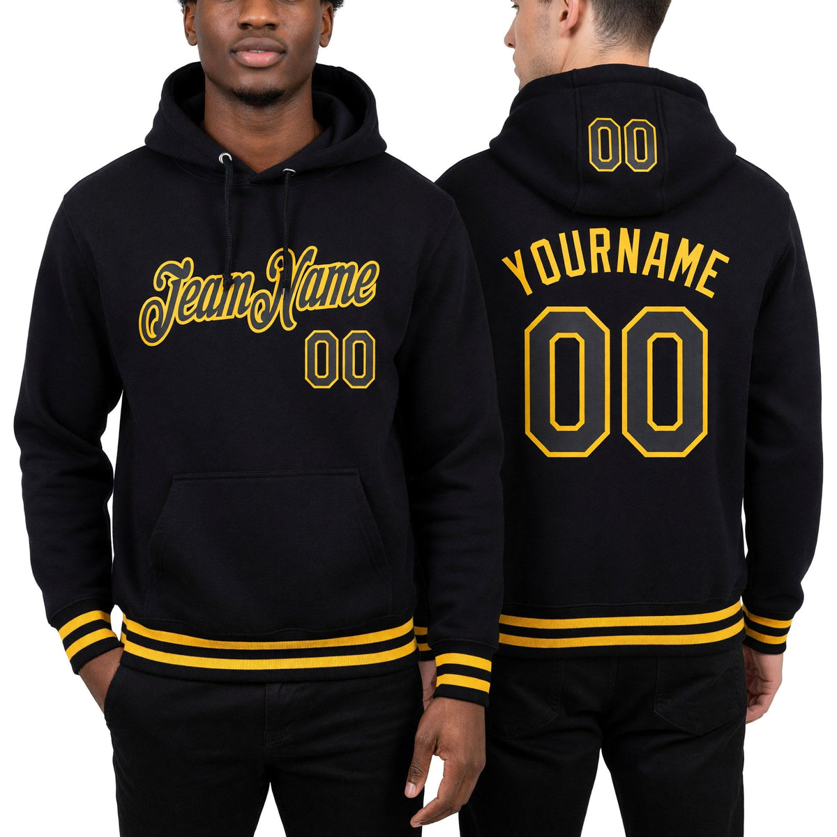 Custom Stitched Black Gold Sports Pullover Sweatshirt Hoodie worn front and back