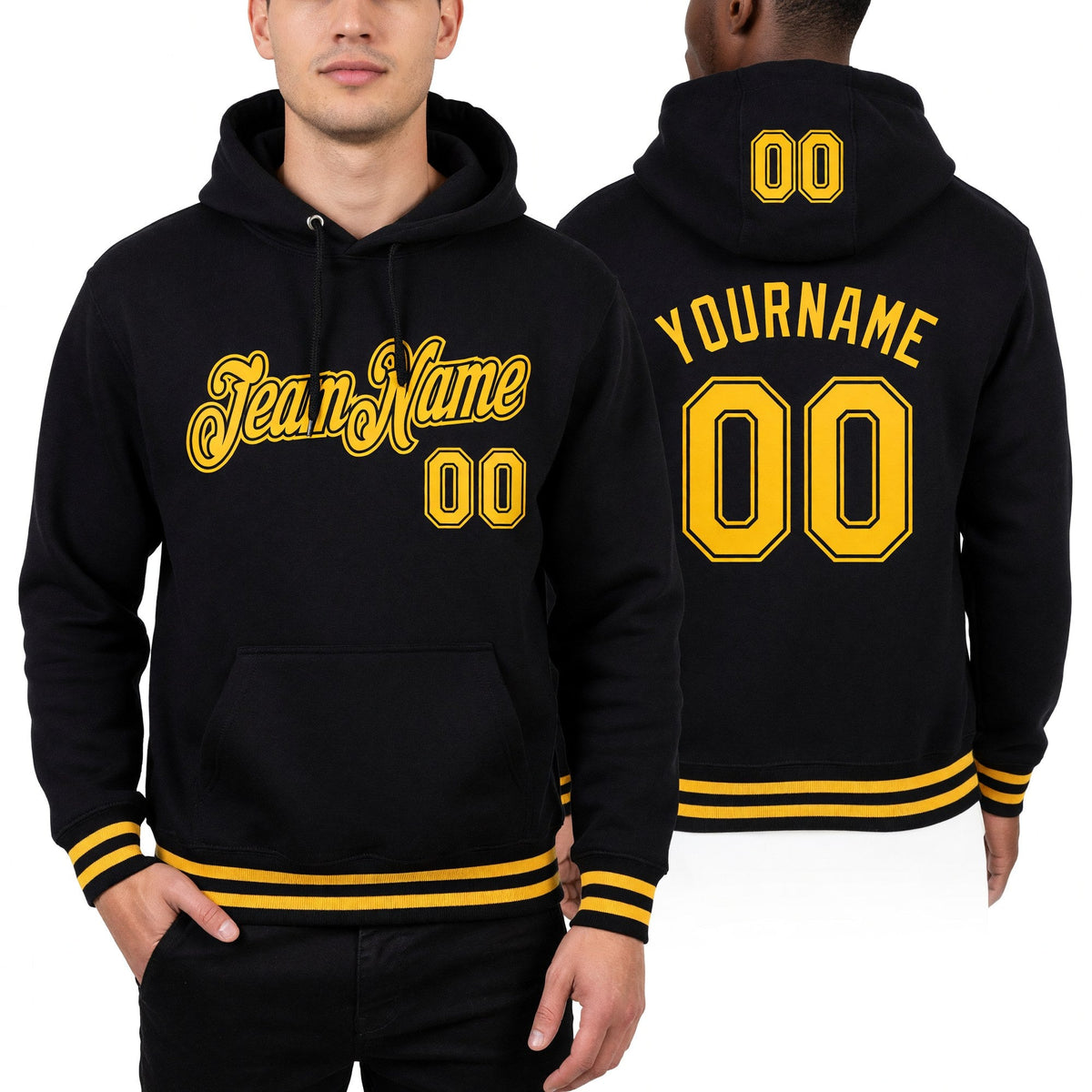 Custom Stitched Black Gold Sports Pullover Sweatshirt Hoodie worn front and back