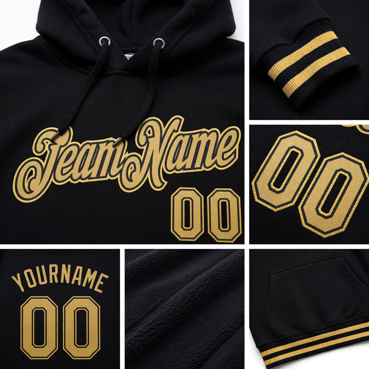 Custom Stitched Black Old Gold Sports Pullover Sweatshirt Hoodie detail