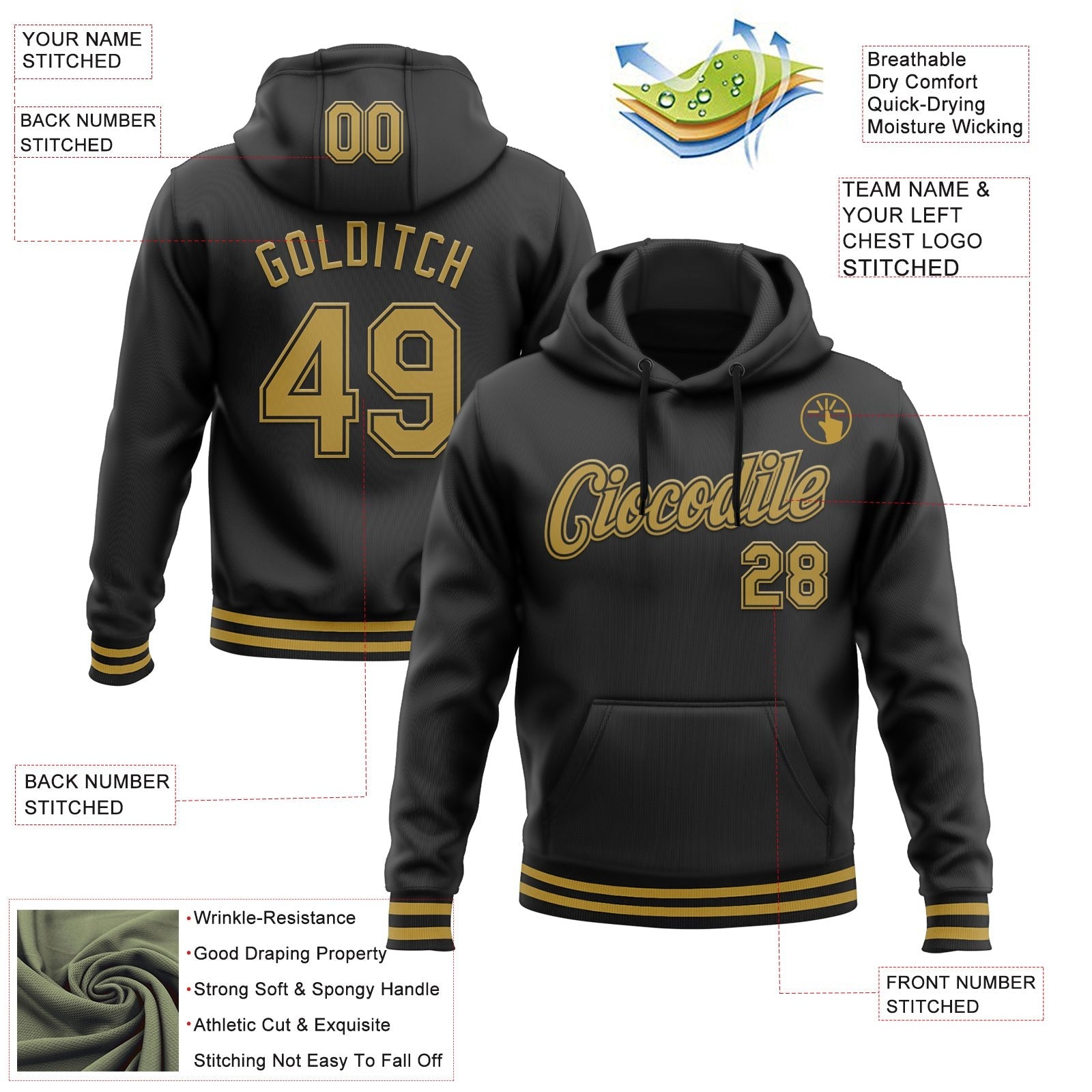 Custom Stitched Black Old Gold Sports Pullover Sweatshirt Hoodie photo 3