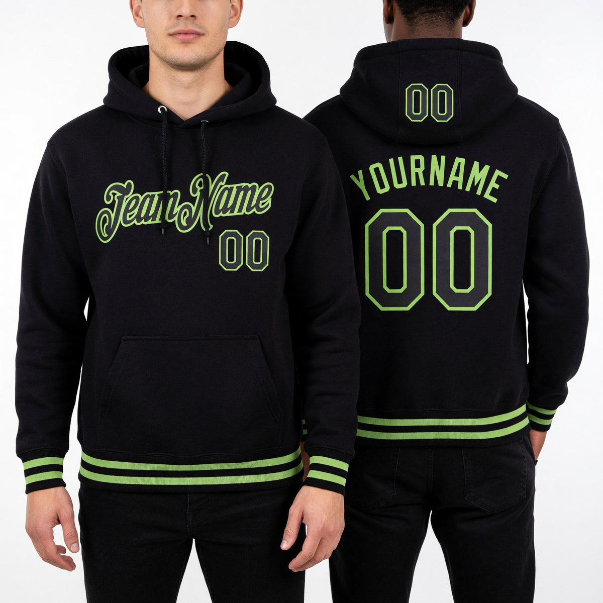 Custom Stitched Black Neon Green Sports Pullover Sweatshirt Hoodie worn front and back