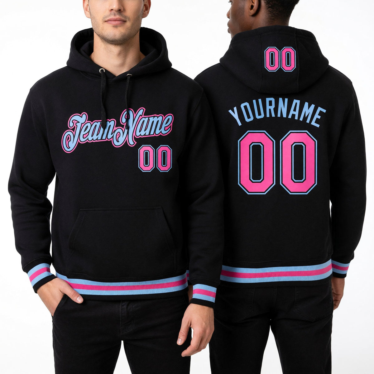 Custom Stitched Black Pink-Light Blue Sports Pullover Sweatshirt Hoodie worn front and back