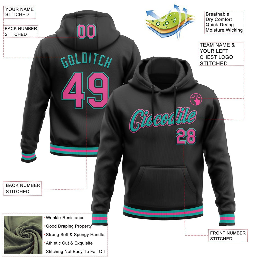 Custom Stitched Black Pink-Aqua Sports Pullover Sweatshirt Hoodie photo 3