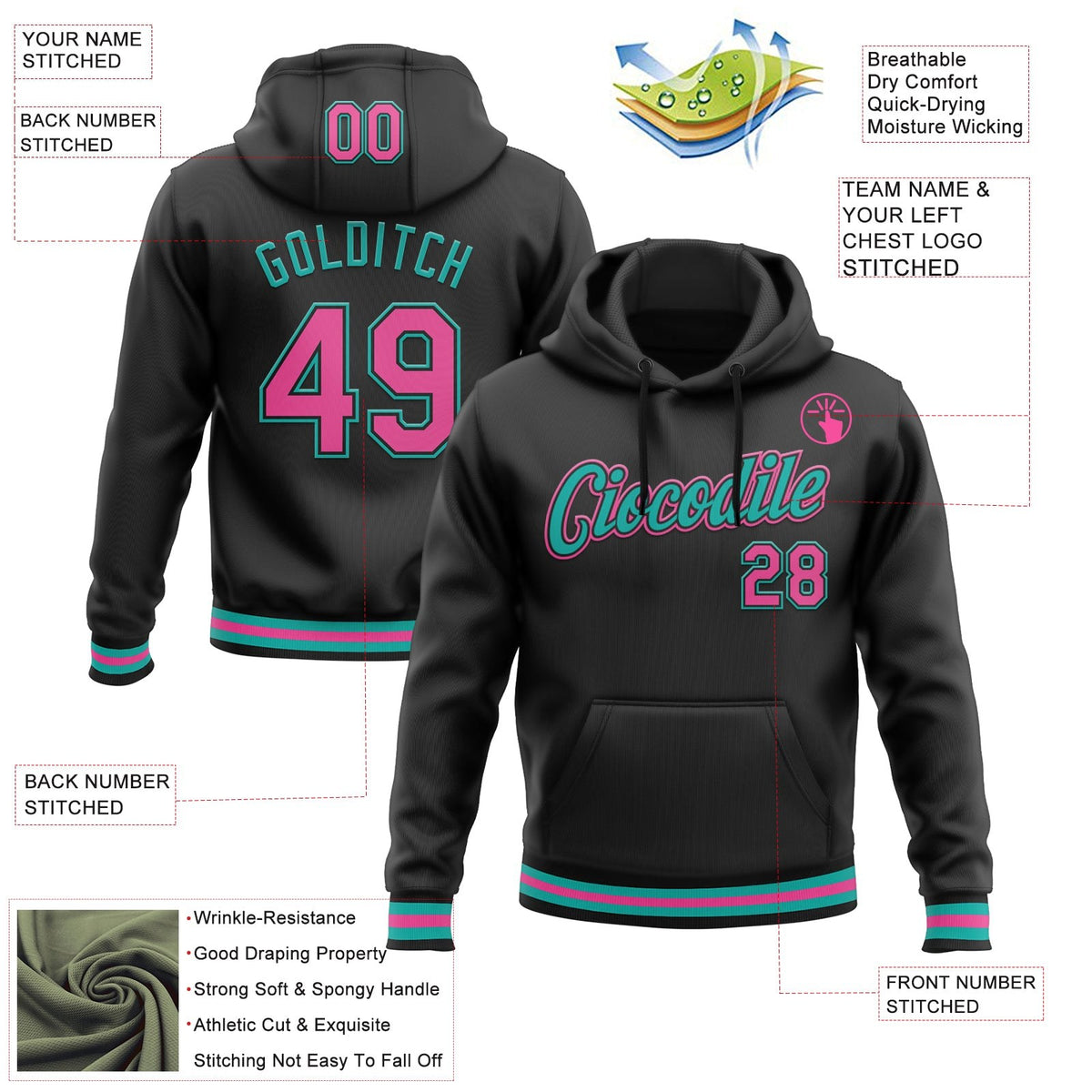 Custom Stitched Black Pink-Aqua Sports Pullover Sweatshirt Hoodie photo 3