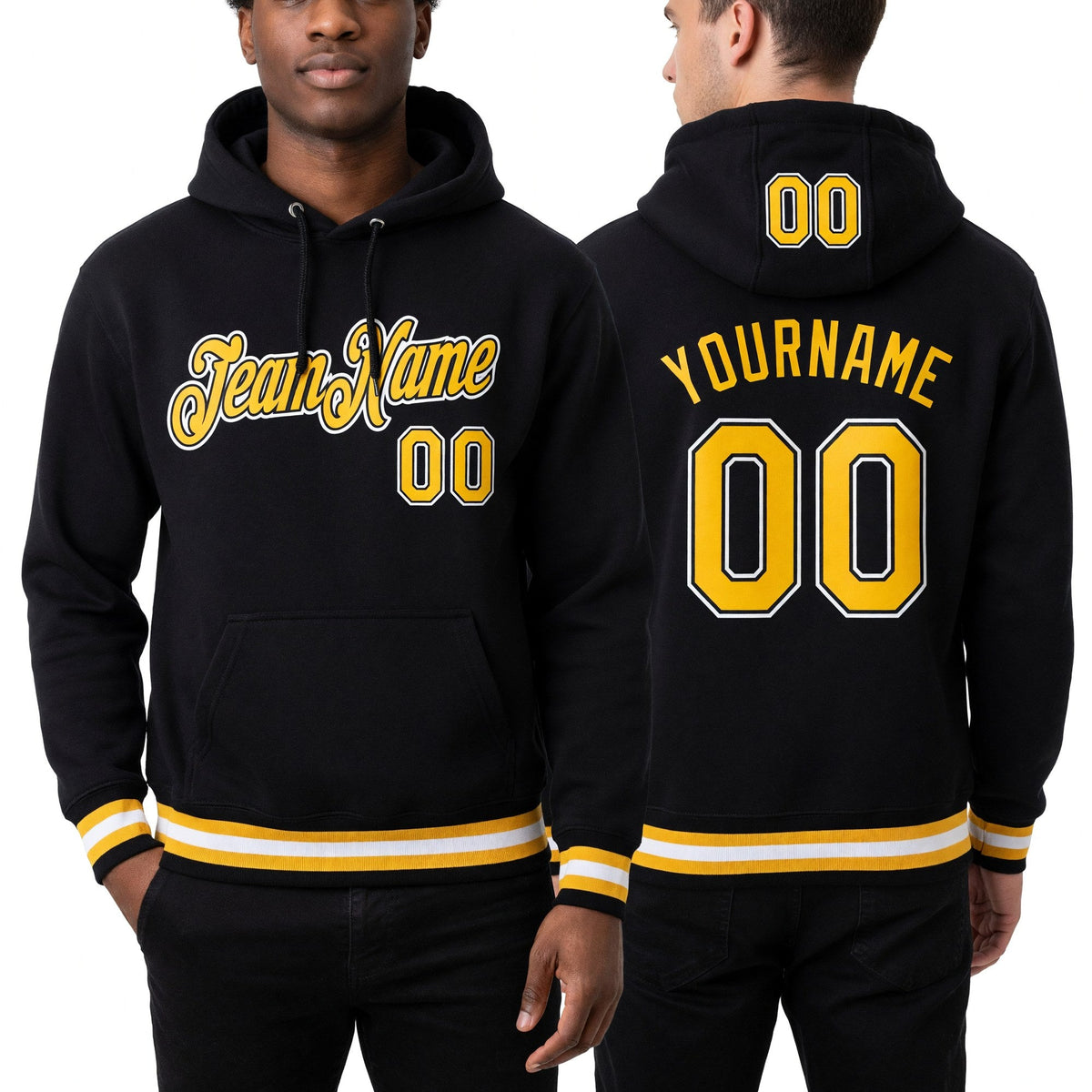 Custom Stitched Black Gold-White Sports Pullover Sweatshirt Hoodie worn front and back