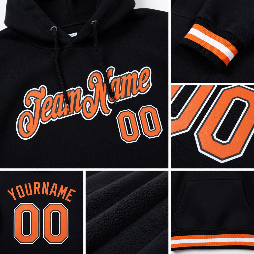 Custom Stitched Black Orange-White Sports Pullover Sweatshirt Hoodie detail
