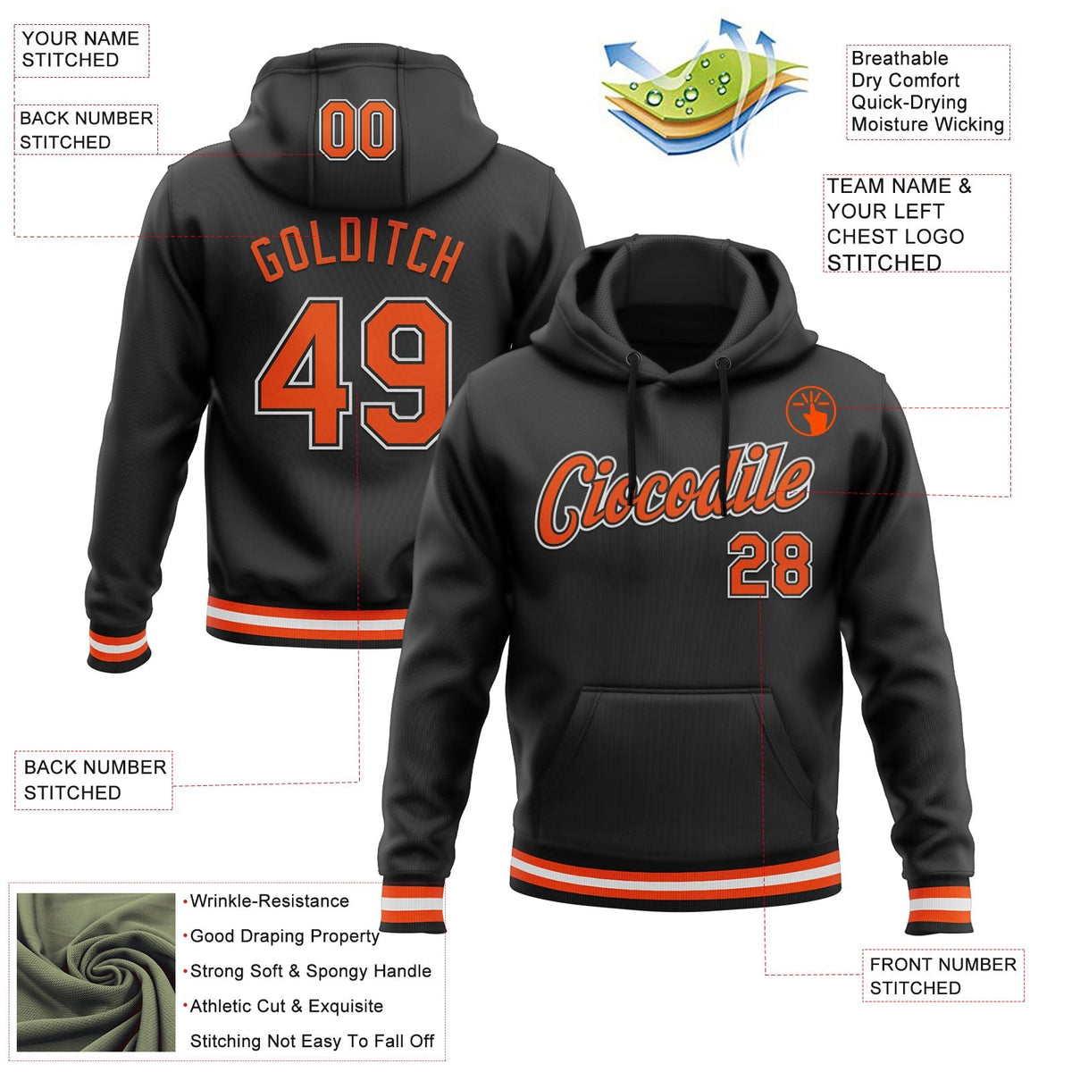 Custom Stitched Black Orange-White Sports Pullover Sweatshirt Hoodie photo 3