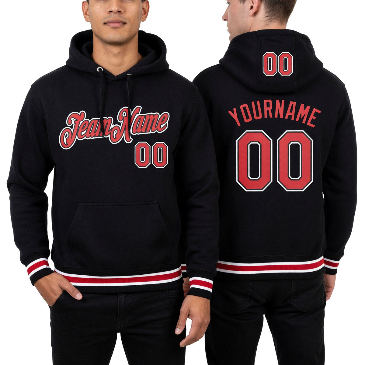 Custom Stitched Black Red-White Sports Pullover Sweatshirt Hoodie worn front and back