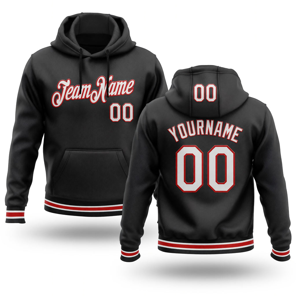 Custom Stitched Black White-Red Sports Pullover Sweatshirt Hoodie