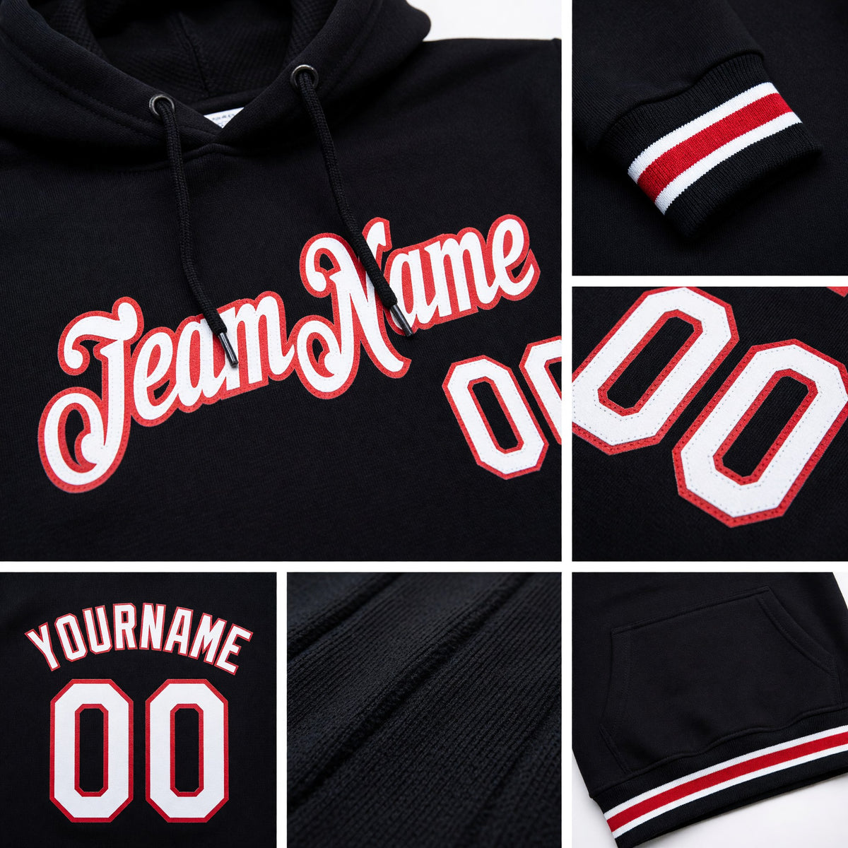 Custom Stitched Black White-Red Sports Pullover Sweatshirt Hoodie detail