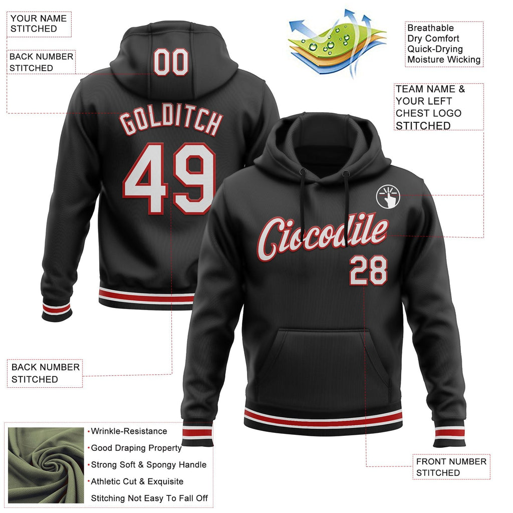 Custom Stitched Black White-Red Sports Pullover Sweatshirt Hoodie photo 3