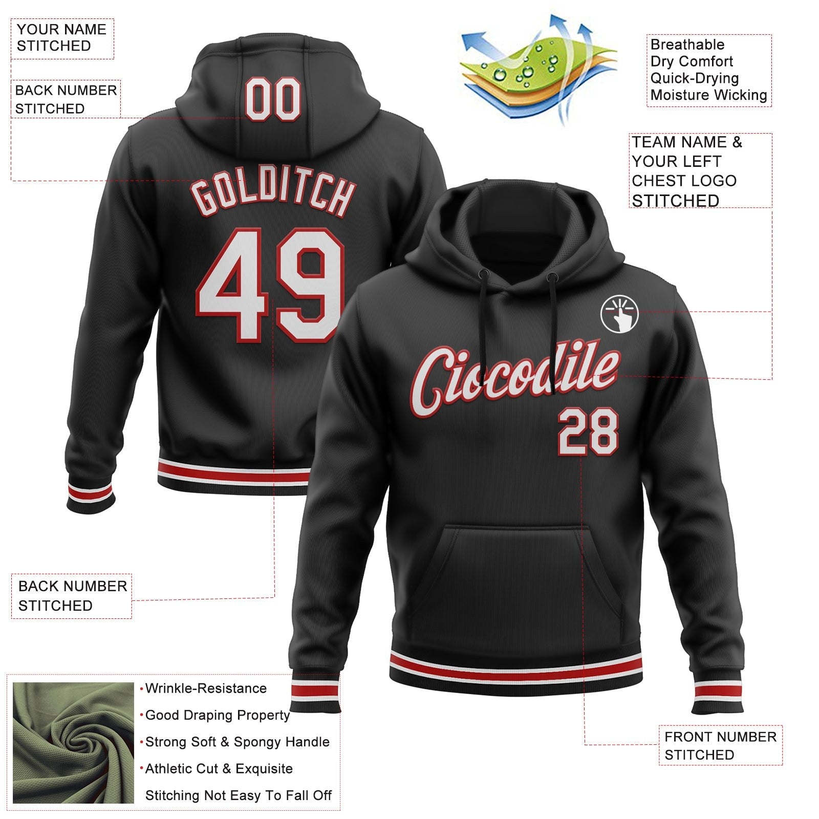Custom Stitched Black White-Red Sports Pullover Sweatshirt Hoodie photo 3