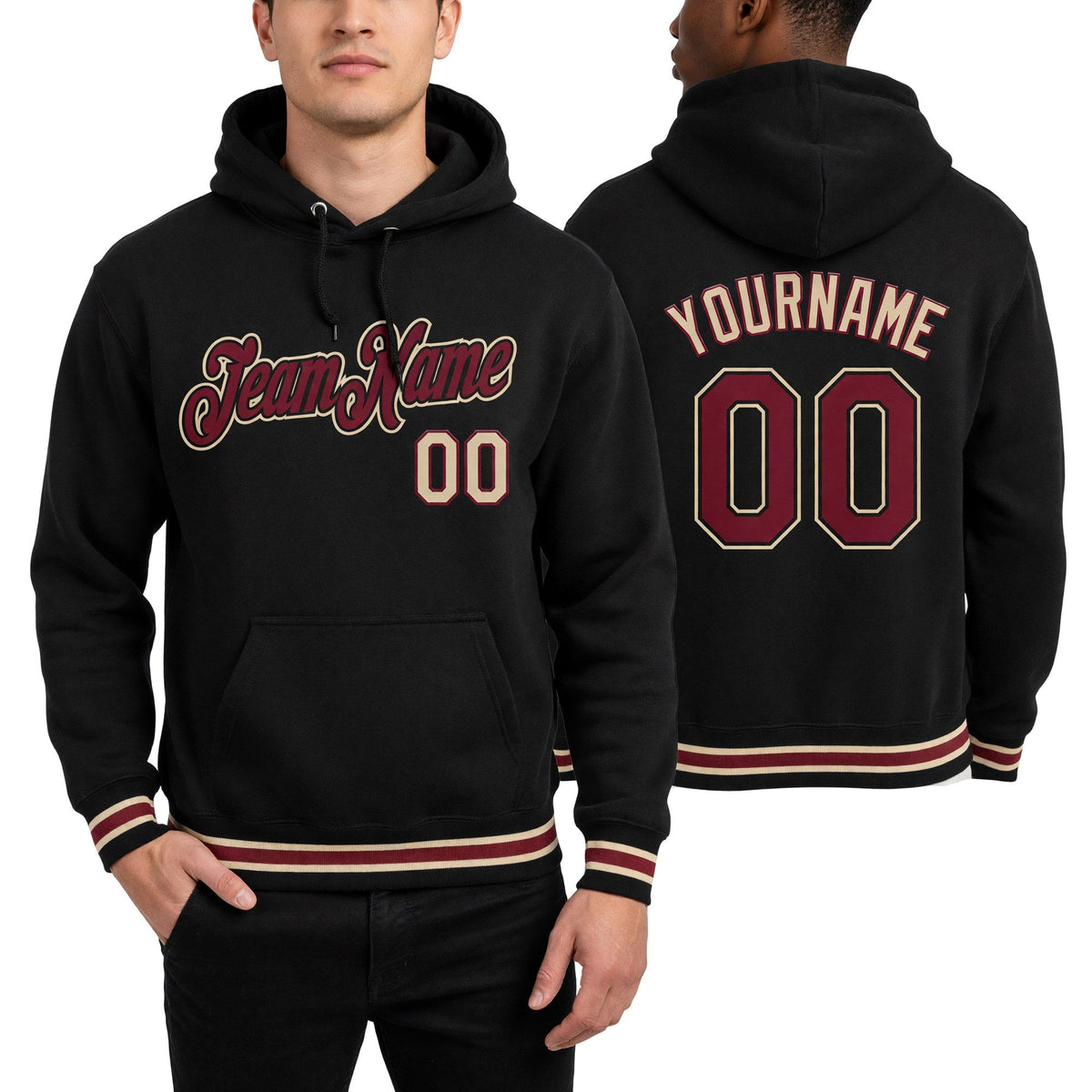 Custom Stitched Black Crimson-City Cream Sports Pullover Sweatshirt Hoodie worn front and back