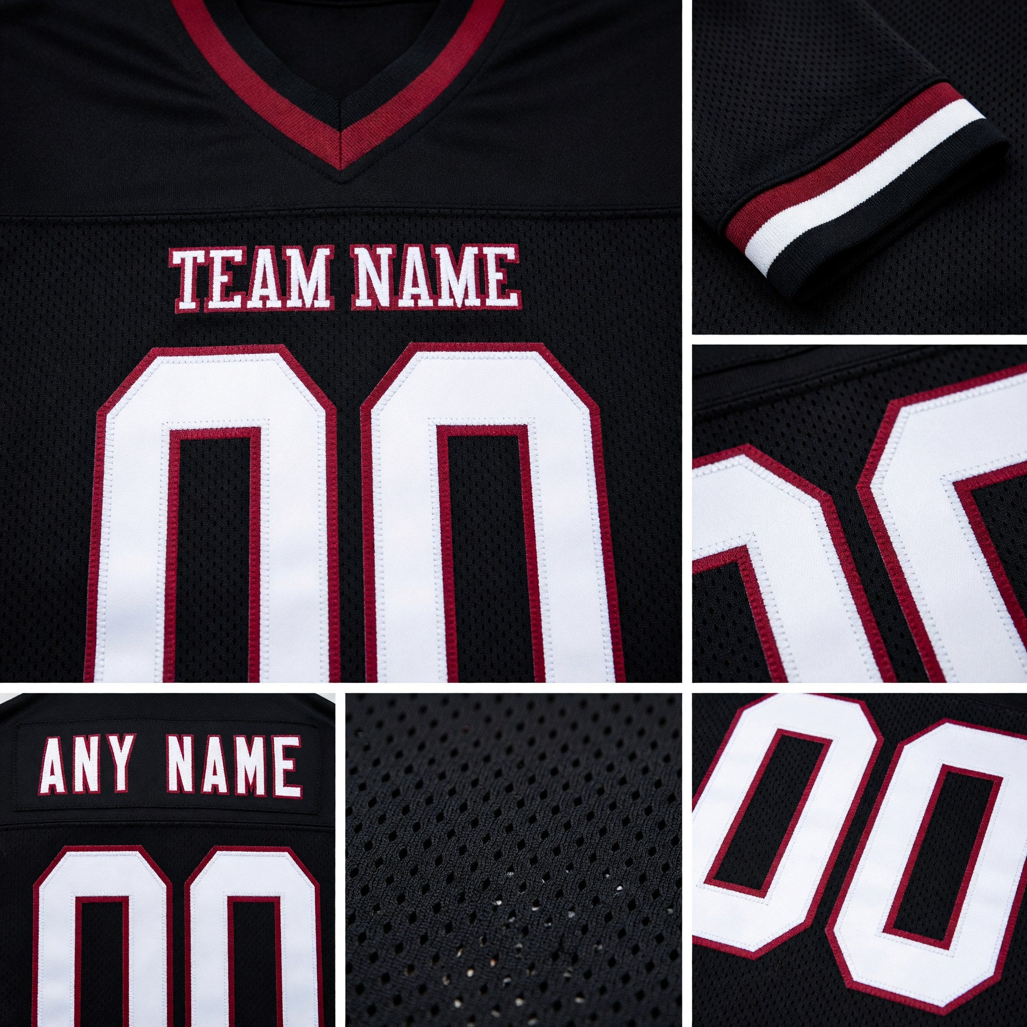 Custom Black White-Maroon Mesh Authentic Throwback Football Jersey detail
