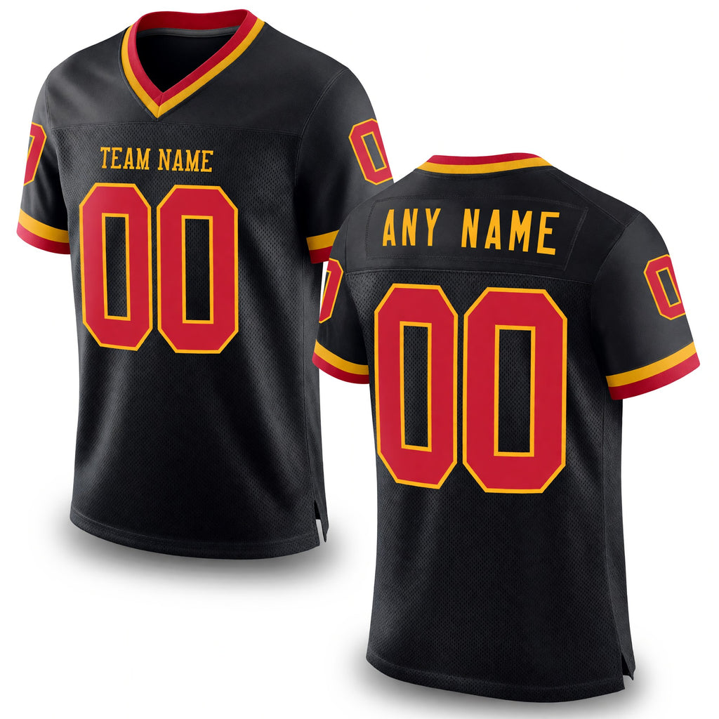 Custom Black Red-Gold Mesh Authentic Throwback Football Jersey