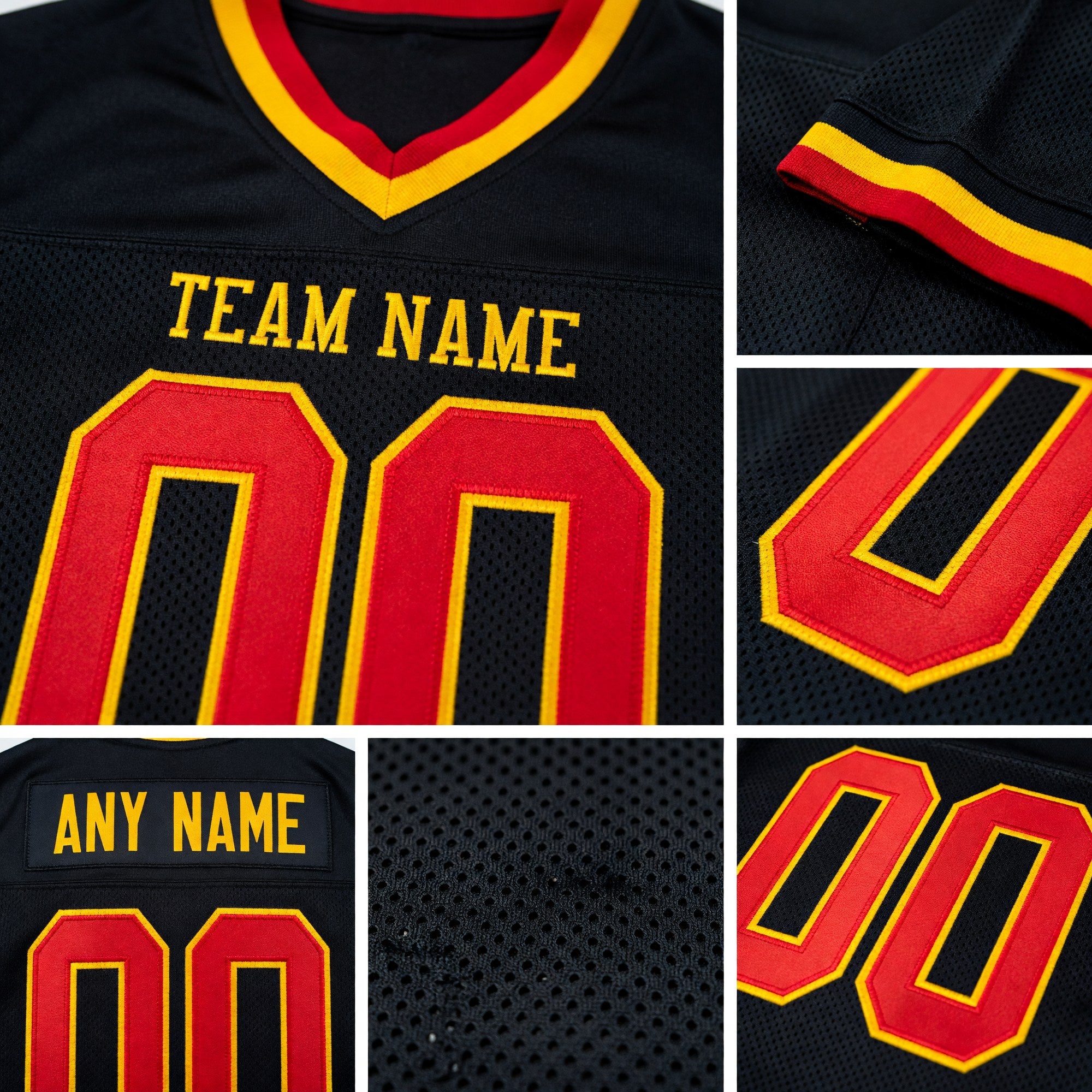 Custom Black Red-Gold Mesh Authentic Throwback Football Jersey detail