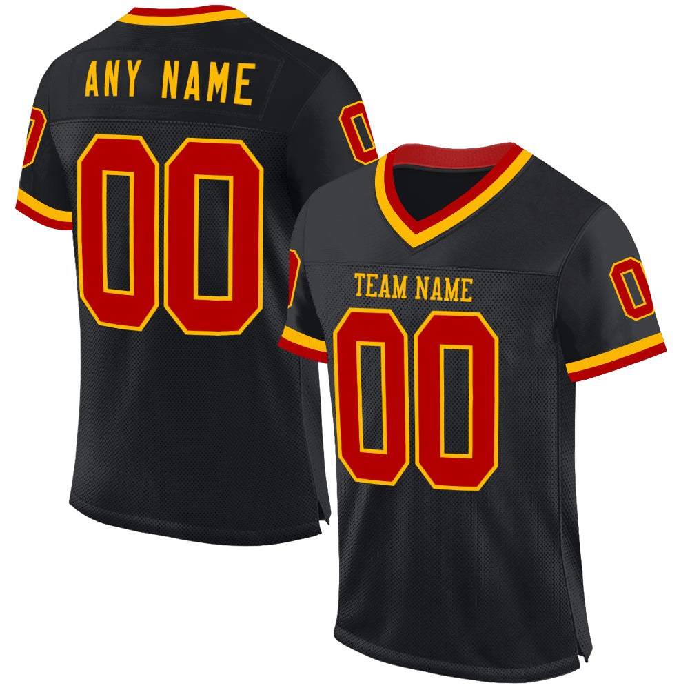 Custom Black Red-Gold Mesh Authentic Throwback Football Jersey photo 1