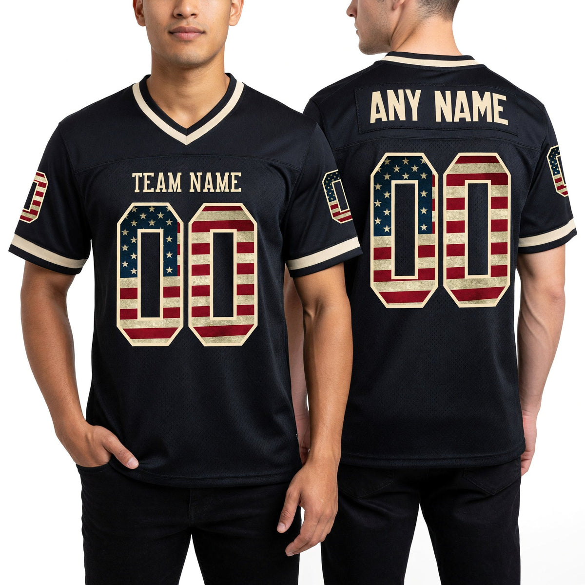 Custom Black Vintage USA Flag-Cream Mesh Authentic Throwback Football Jersey worn front and back